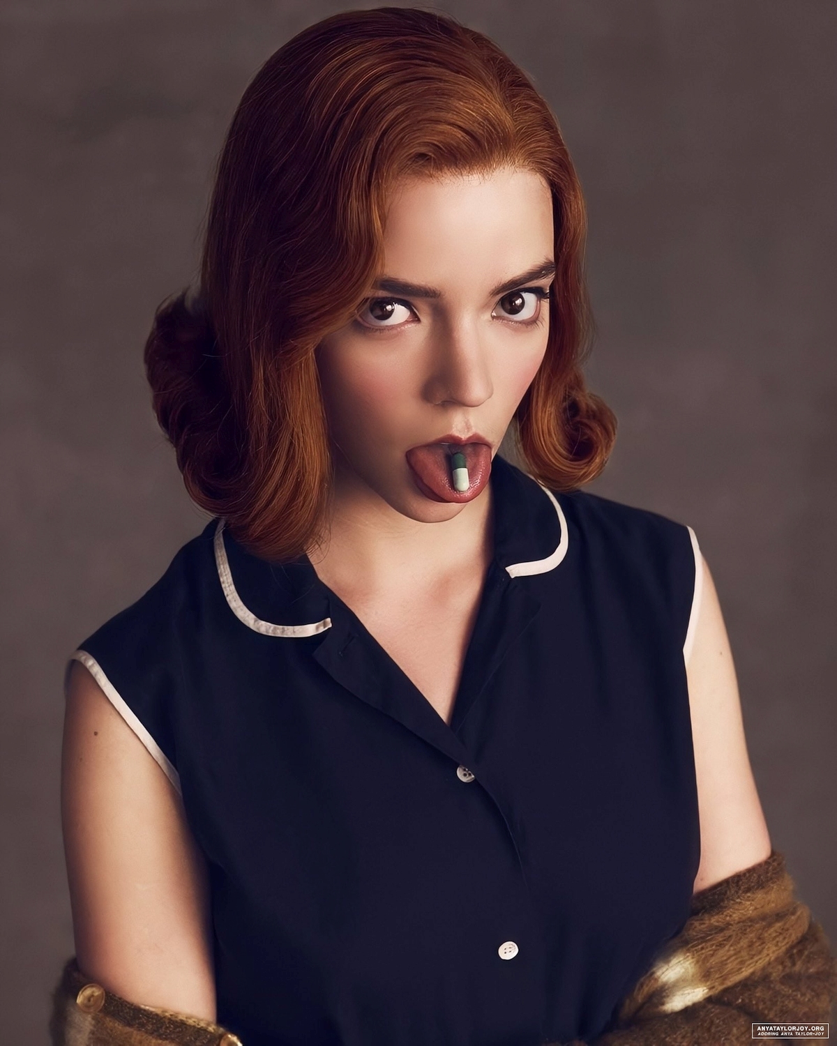 People 1200x1500 Anya Taylor-Joy  women actress redhead short hair The Queen's Gambit pills TV series simple background tongue out