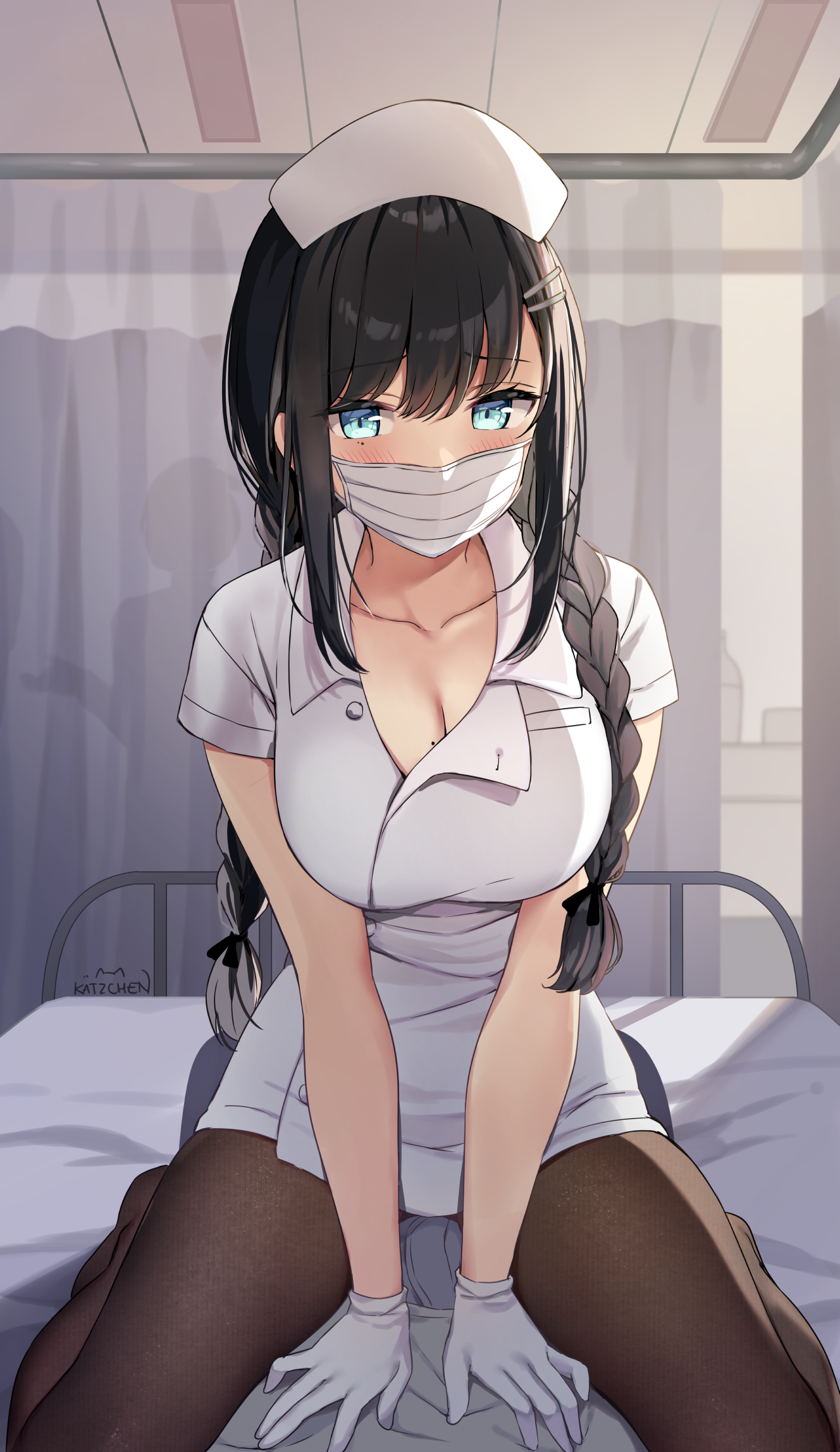 Anime 1328x2295 anime anime girls big boobs huge breasts kneeling mask nurses hat women with hats POV Kaetzchen