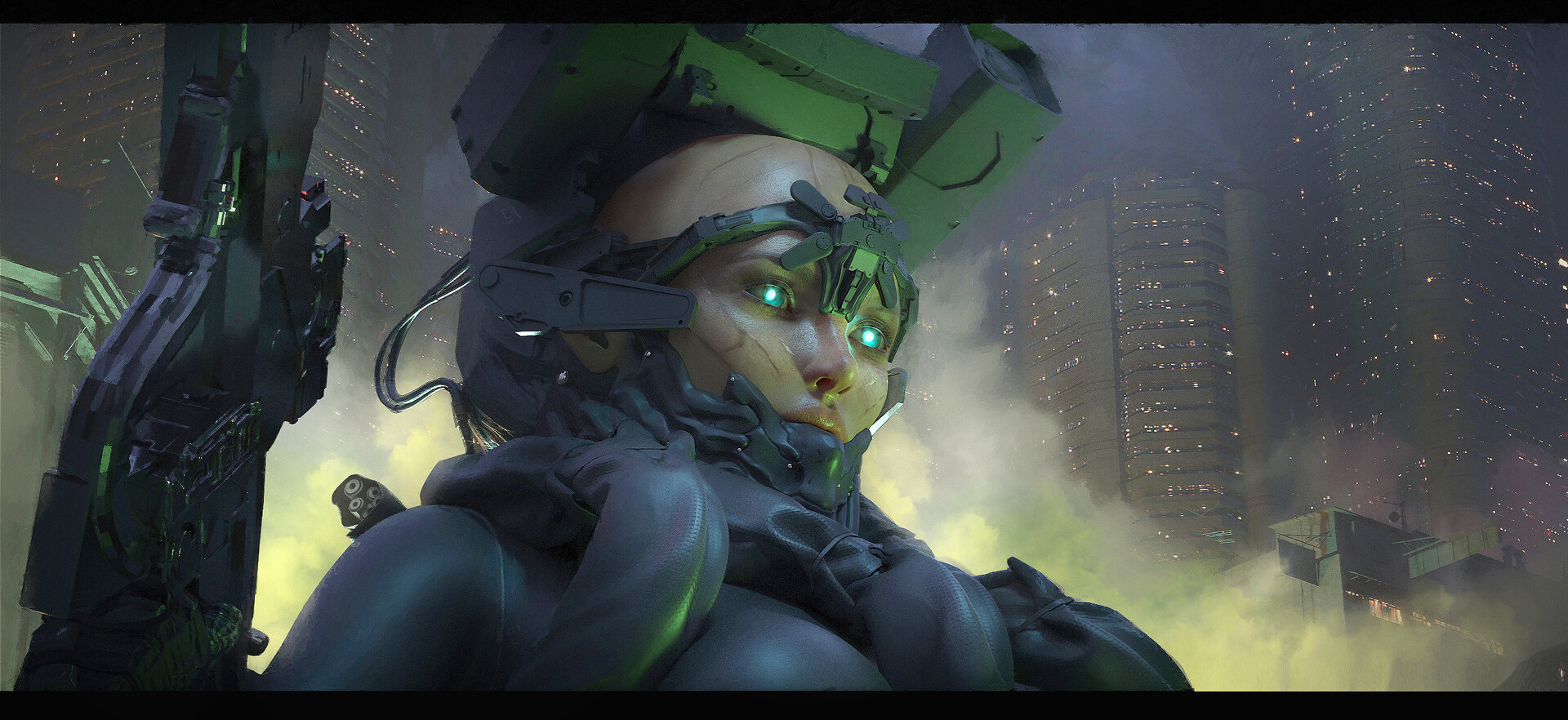 General 1920x882 artwork science fiction cyberpunk green eyes digital art futuristic glowing eyes weapon low-angle
