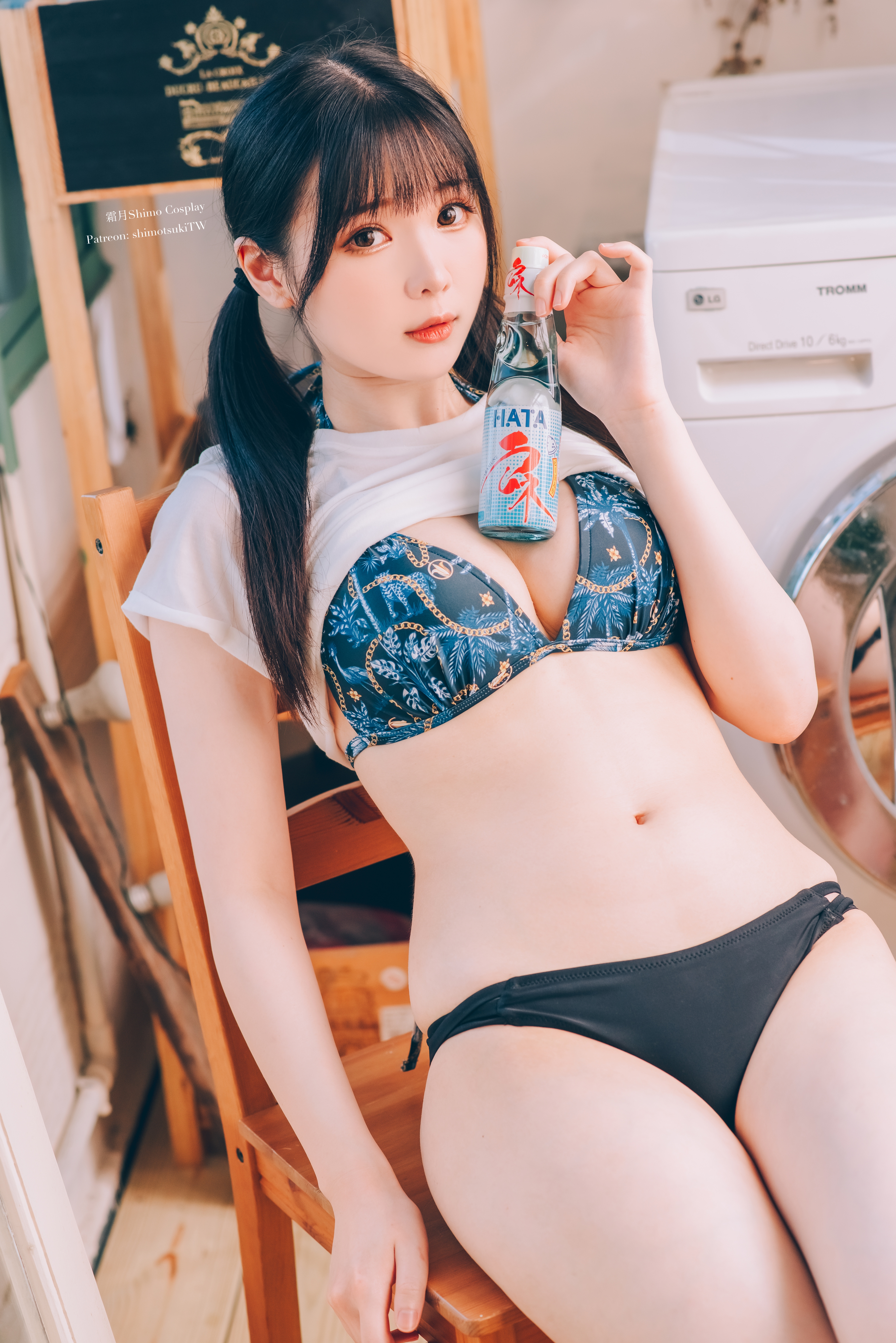 People 4874x7303 Shimo Cosplay women model Asian brunette twintails T-shirt bikini washing machine women indoors cleavage