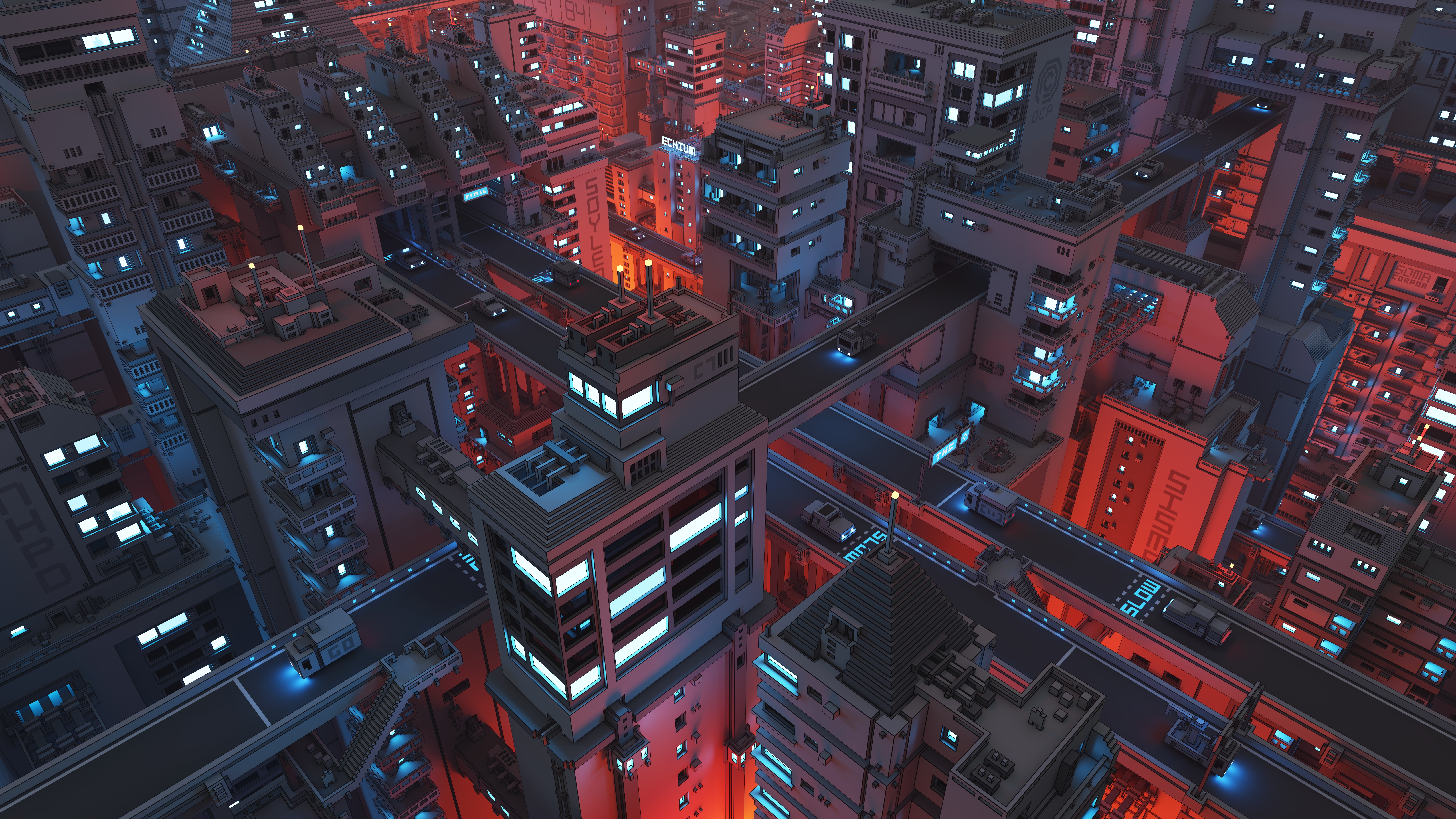 General 8000x4500 voxels city cityscape detailed architecture digital art artwork illustration night road traffic