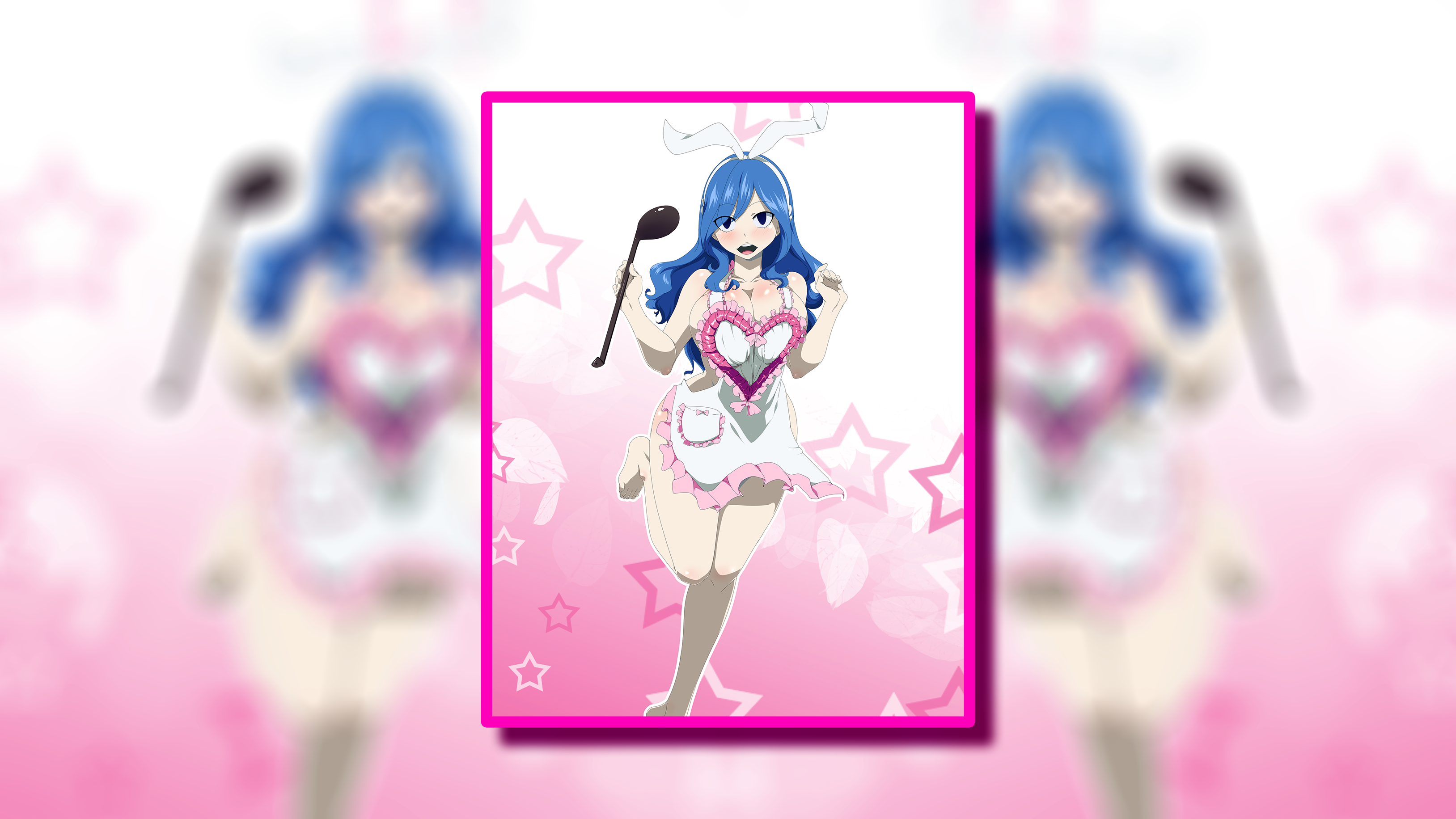 Anime 3256x1832 anime anime girls Fairy Tail Lockser Juvia long hair blue hair blue eyes blushing cleavage thighs ecchi big boobs partially clothed apron naked apron