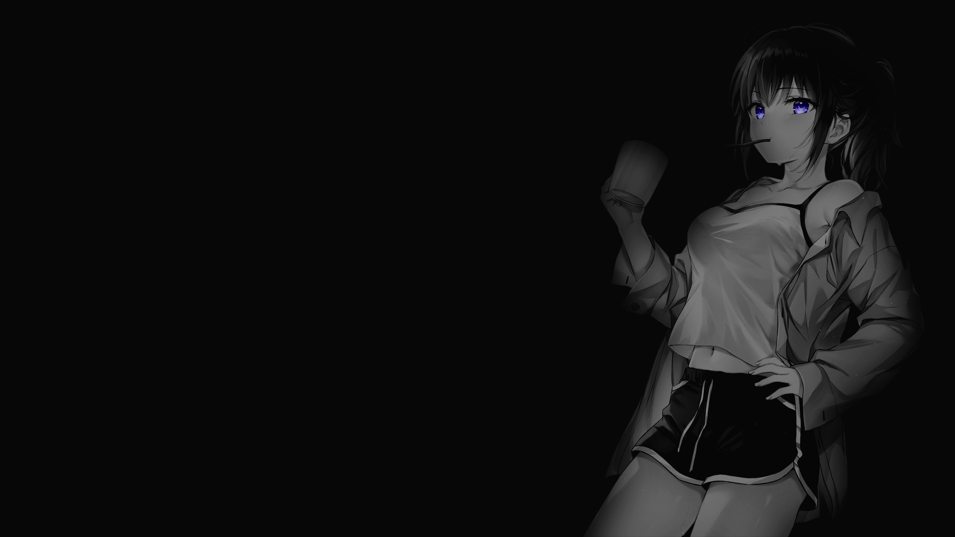 Anime 1920x1080 selective coloring black background dark background simple background anime girls shorts purple eyes