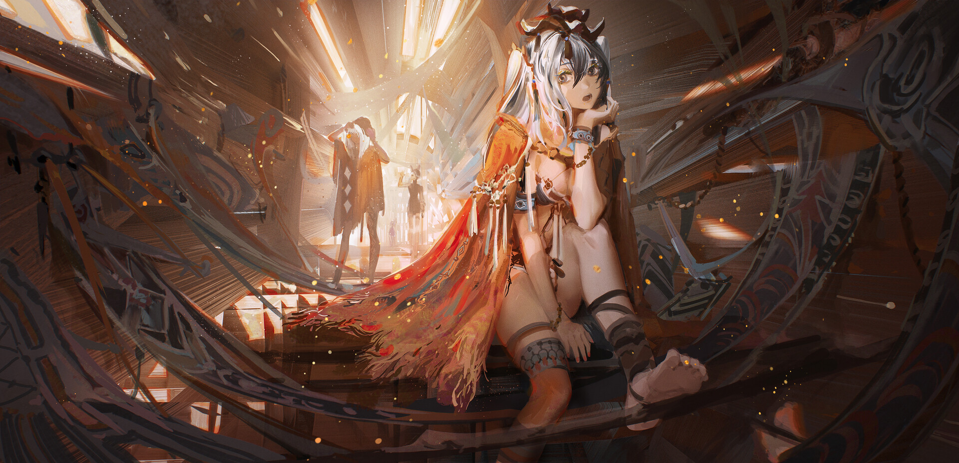 Anime 1920x927 anime anime girls fantasy art fantasy girl open mouth gray hair sitting barefoot hair in face looking at viewer
