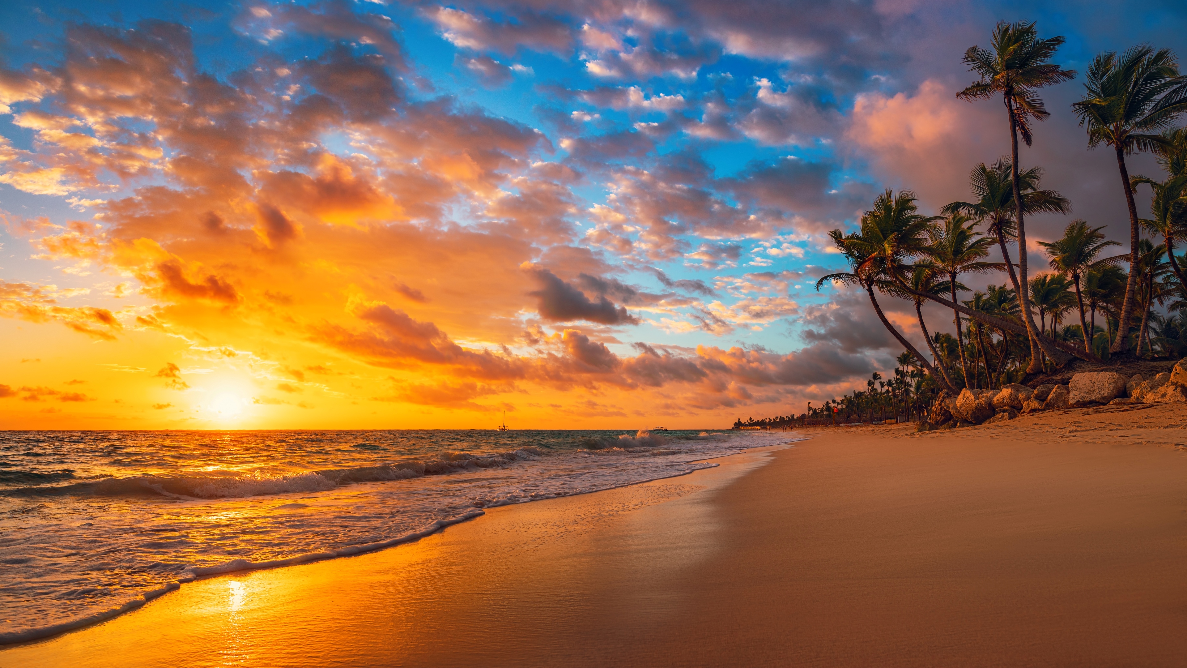General 3840x2160 beach sea nature sunset waves sky clouds palm trees tropic island landscape water