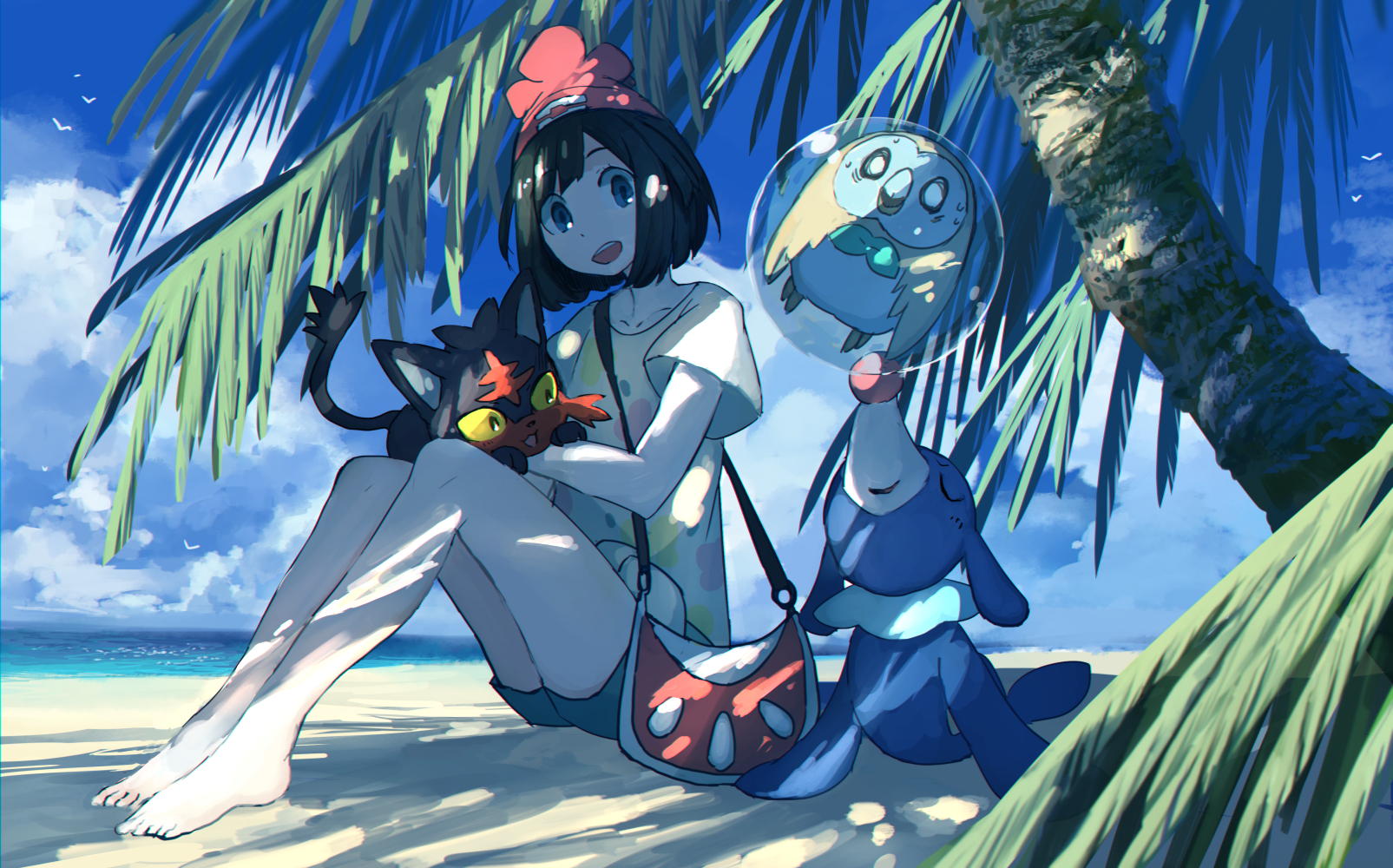 Anime 1605x1000 anime anime girls Pokémon Selene (Pokémon) Popplio Litten Rowlet digital art