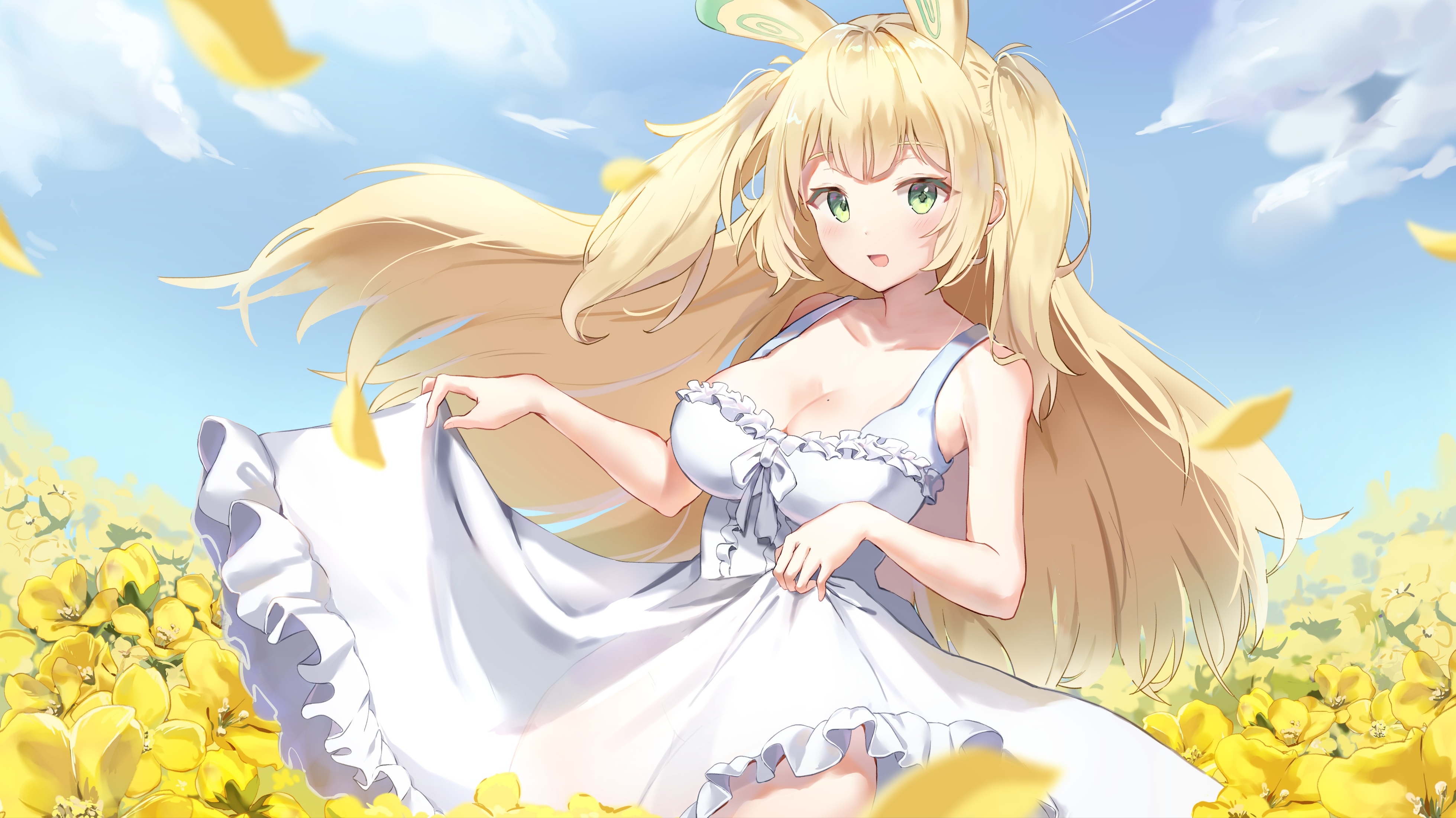 Anime 3918x2201 anime anime girls flowers green eyes blonde animal ears bunny ears lifting dress petals