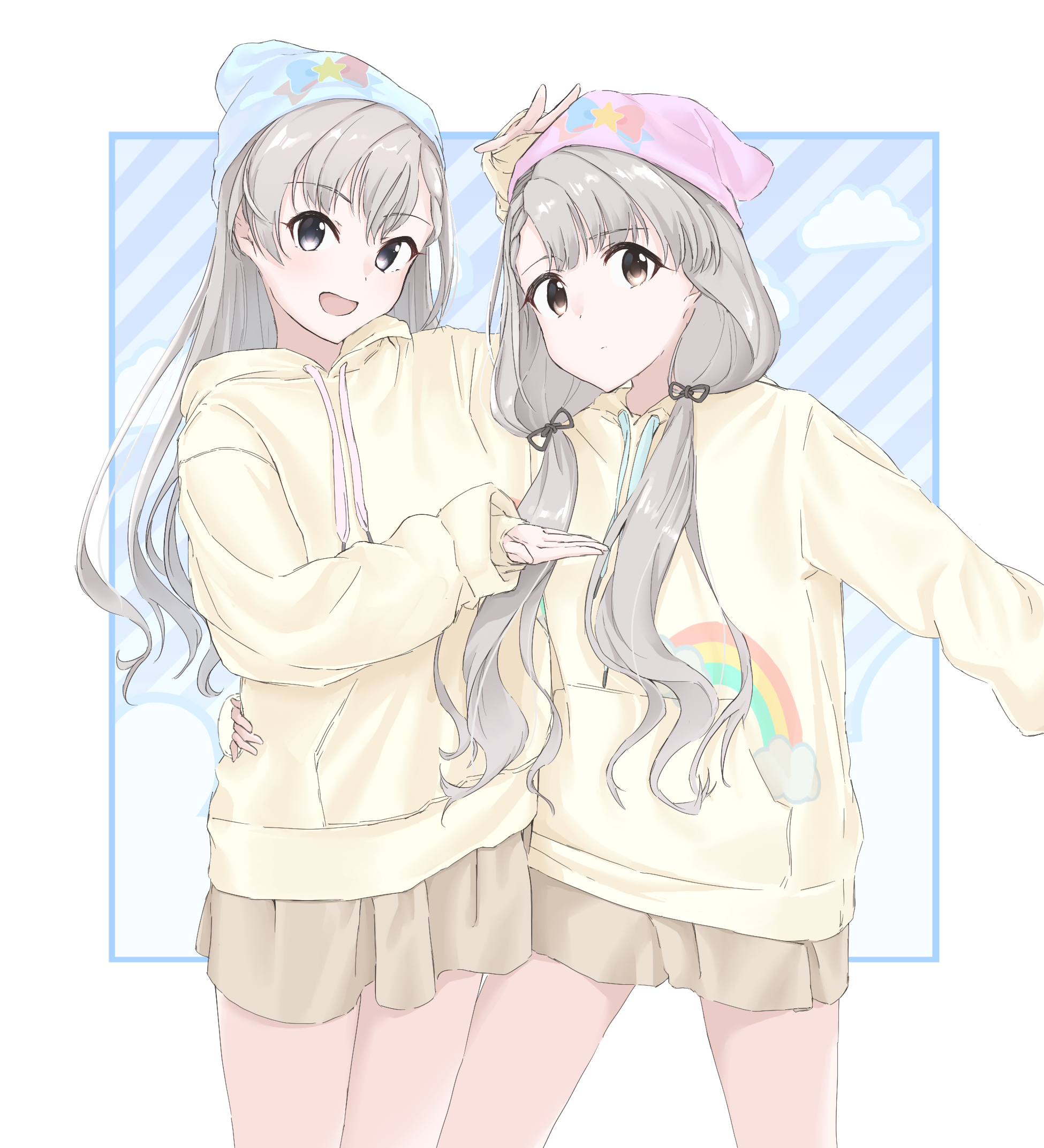 Anime 1950x2145 anime anime girls THE iDOLM@STER THE iDOLM@STER: Cinderella Girls Hisakawa Hayate Hisakawa Nagi long hair gray hair twins two women artwork digital art fan art