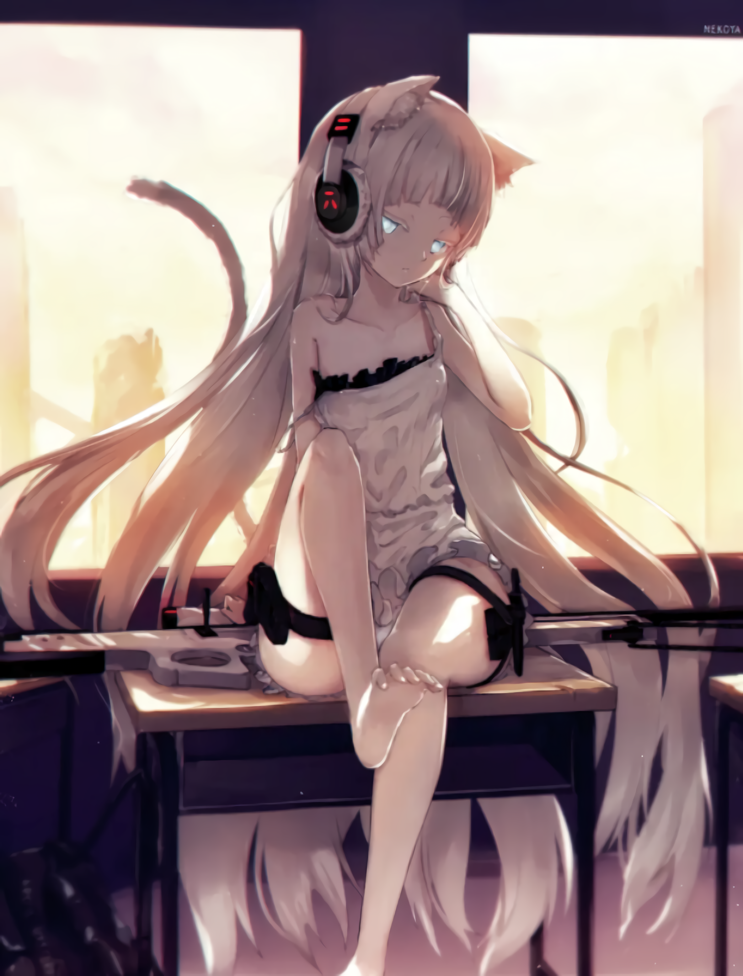 Anime 2368x3112 white hair anime girls cat girl cat ears cat tail headphones gun girls with guns