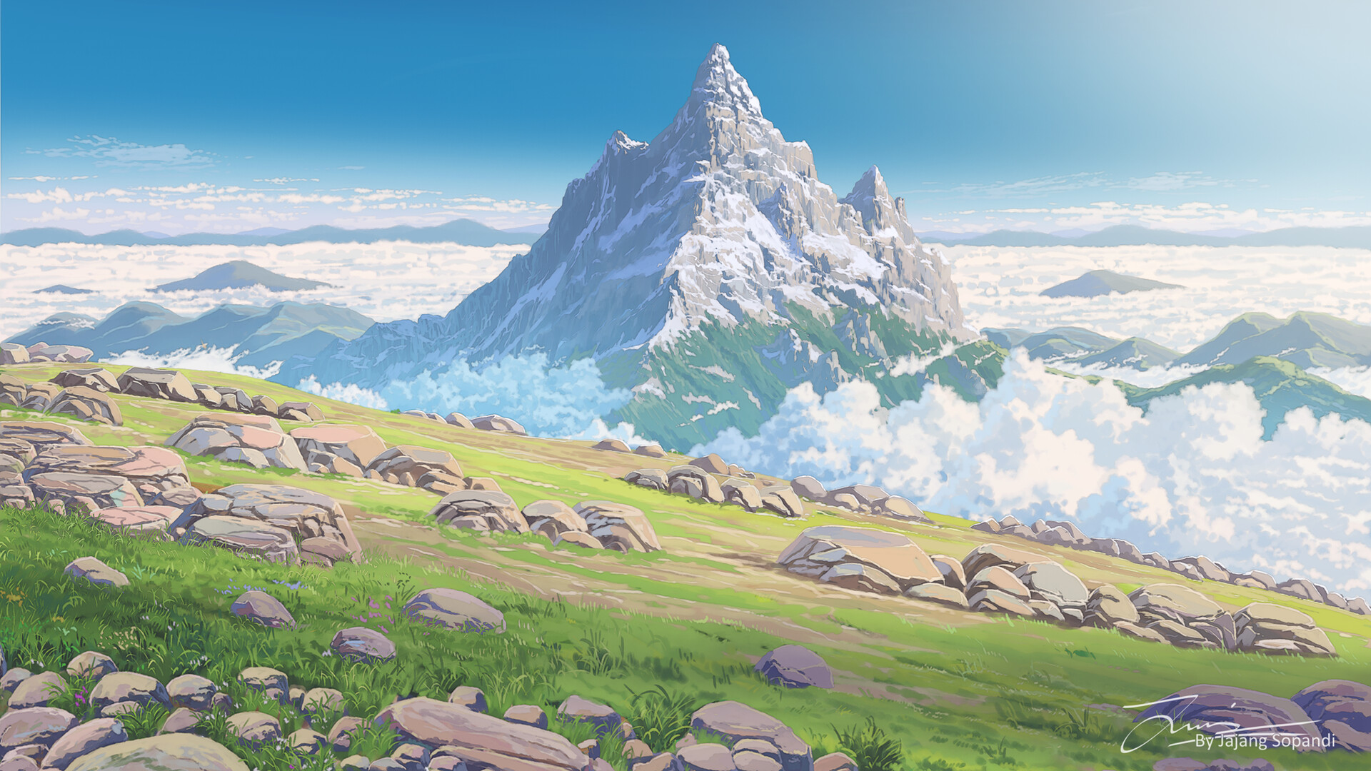 Anime 1920x1080 Jajang Sopandi landscape digital art clear sky clouds mountain top mountains horizon anime nature ArtStation