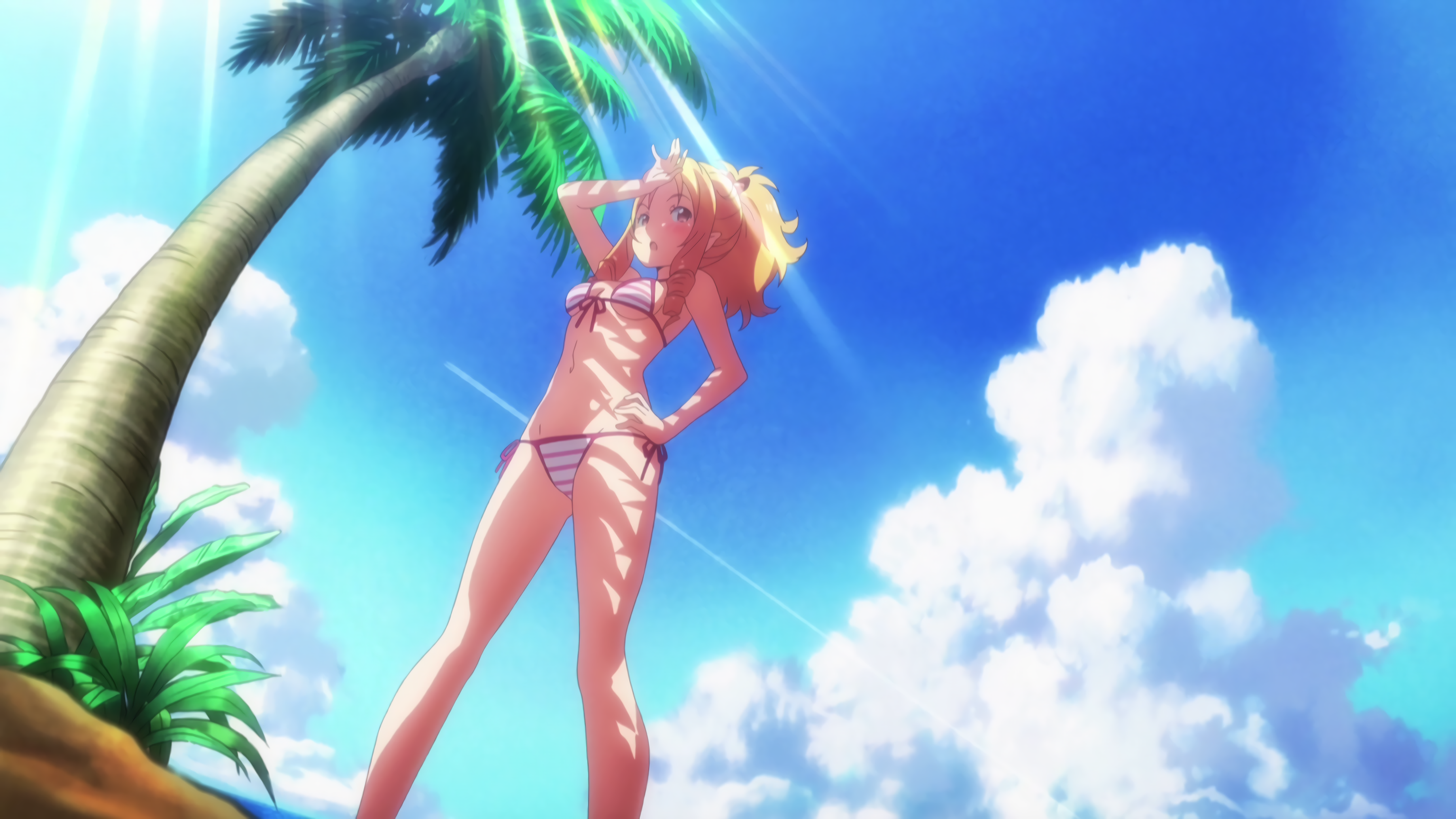 Anime 3072x1728 Eromanga-sensei Elf Yamada  beach anime girls bikini palm trees low-angle looking below