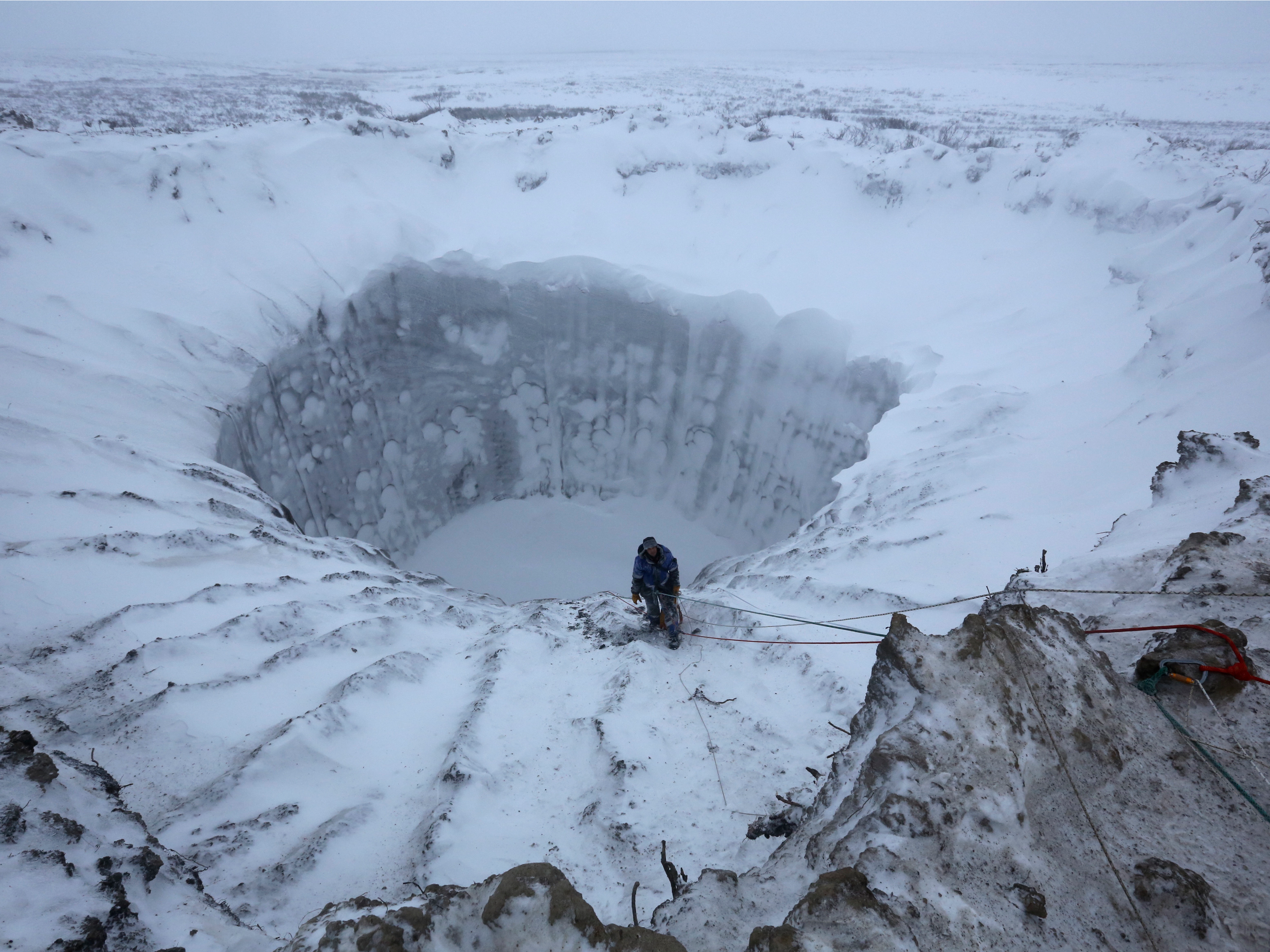 General 3112x2334 nature landscape aerial view Siberia Russia winter snow men rock climbing crater rocks ropes