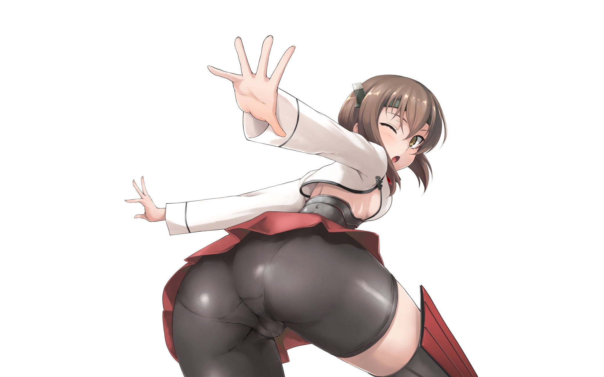 Anime 2080x1300 Taihou (KanColle) ass sideboob cameltoe anime Kantai Collection anime girls looking back one eye closed brown eyes hair between eyes brunette open mouth panties shorts white background