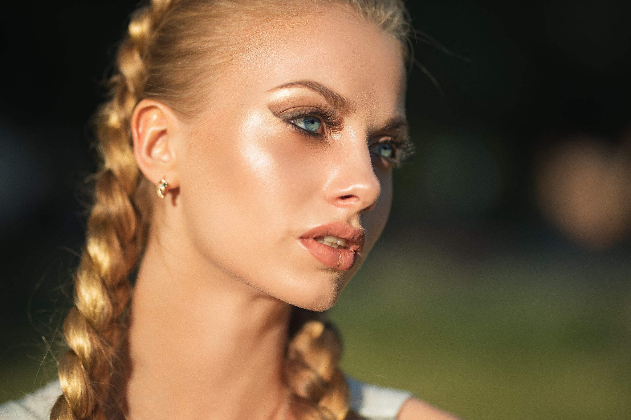 People 2048x1365 face Dmitry Shulgin model women blue eyes braids blonde depth of field Karina Tikhonovskaya closeup