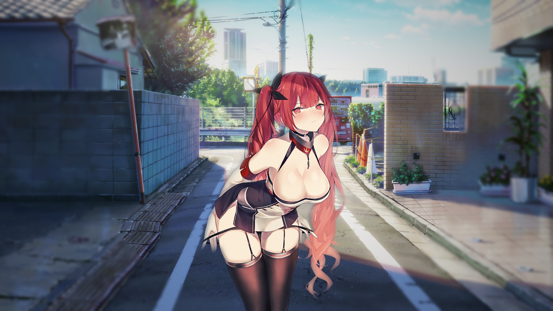 Anime 1920x1080 anime anime girls women city painting big boobs boobs pants Azur Lane picture-in-picture blurred vending machine traffic mirror Japan traffic cone street bent over undressing panties down urban redhead outdoors women outdoors bright