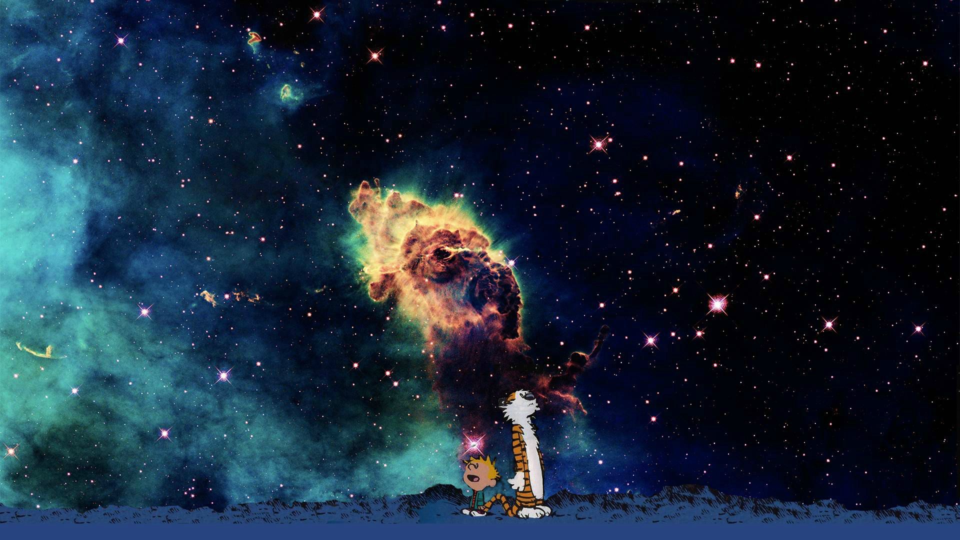 General 1920x1080 Calvin and Hobbes cartoon stars space sky Carina Nebula digital art open mouth looking up standing galaxy