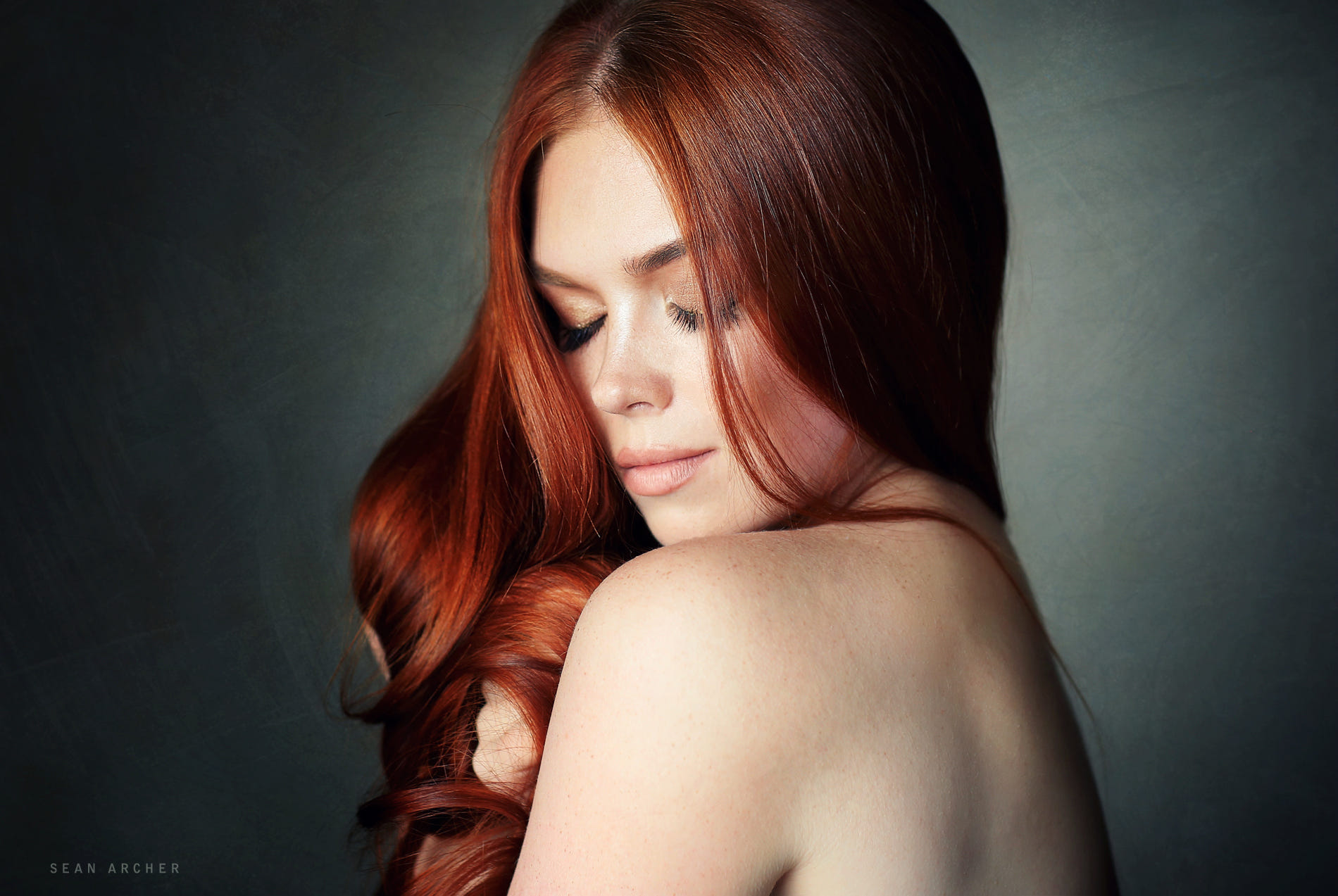 People 1900x1273 women redhead long hair hair in face simple background pale closed eyes freckles bare shoulders face portrait Sean Archer