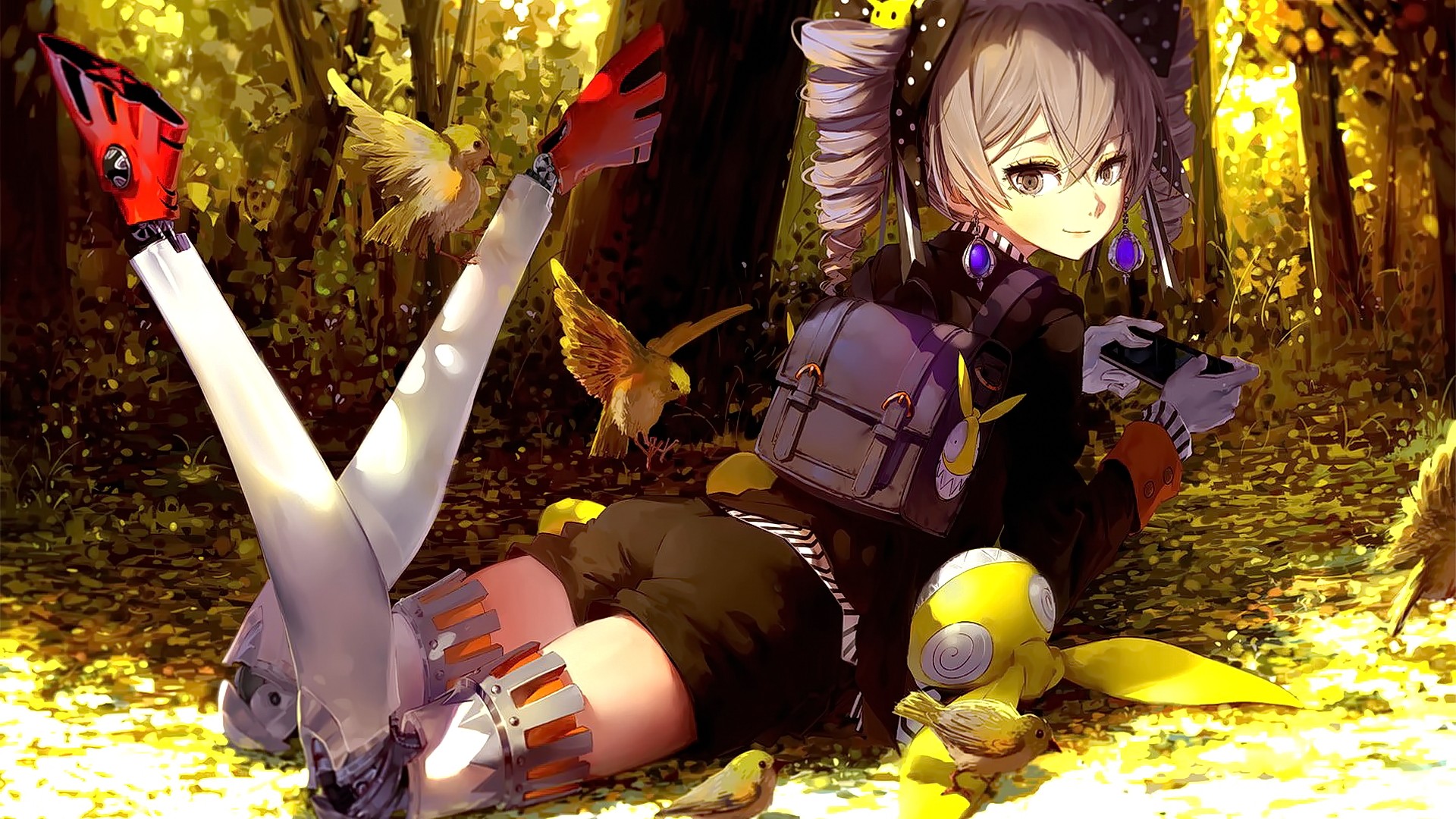 Anime 1920x1080 anime anime girls short hair gray eyes smiling looking at viewer Guns GirlZ Bronya Zaychik lying on front legs up futuristic birds animals outdoors looking back feet in the air