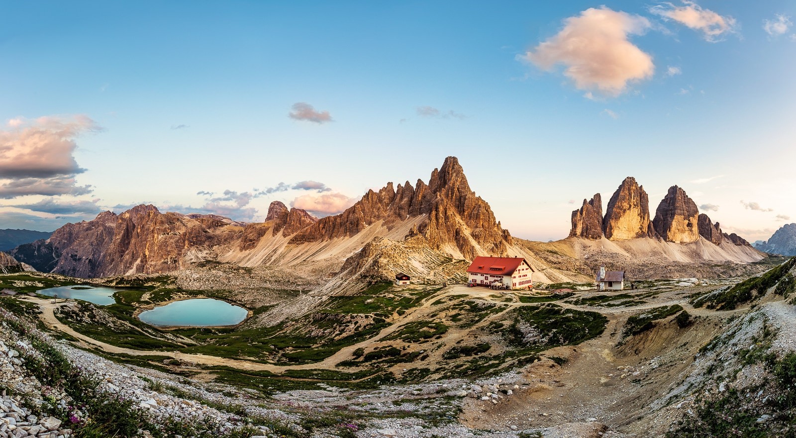General 1600x881 photography landscape nature mountains lake summer sunset cabin Dolomites Italy