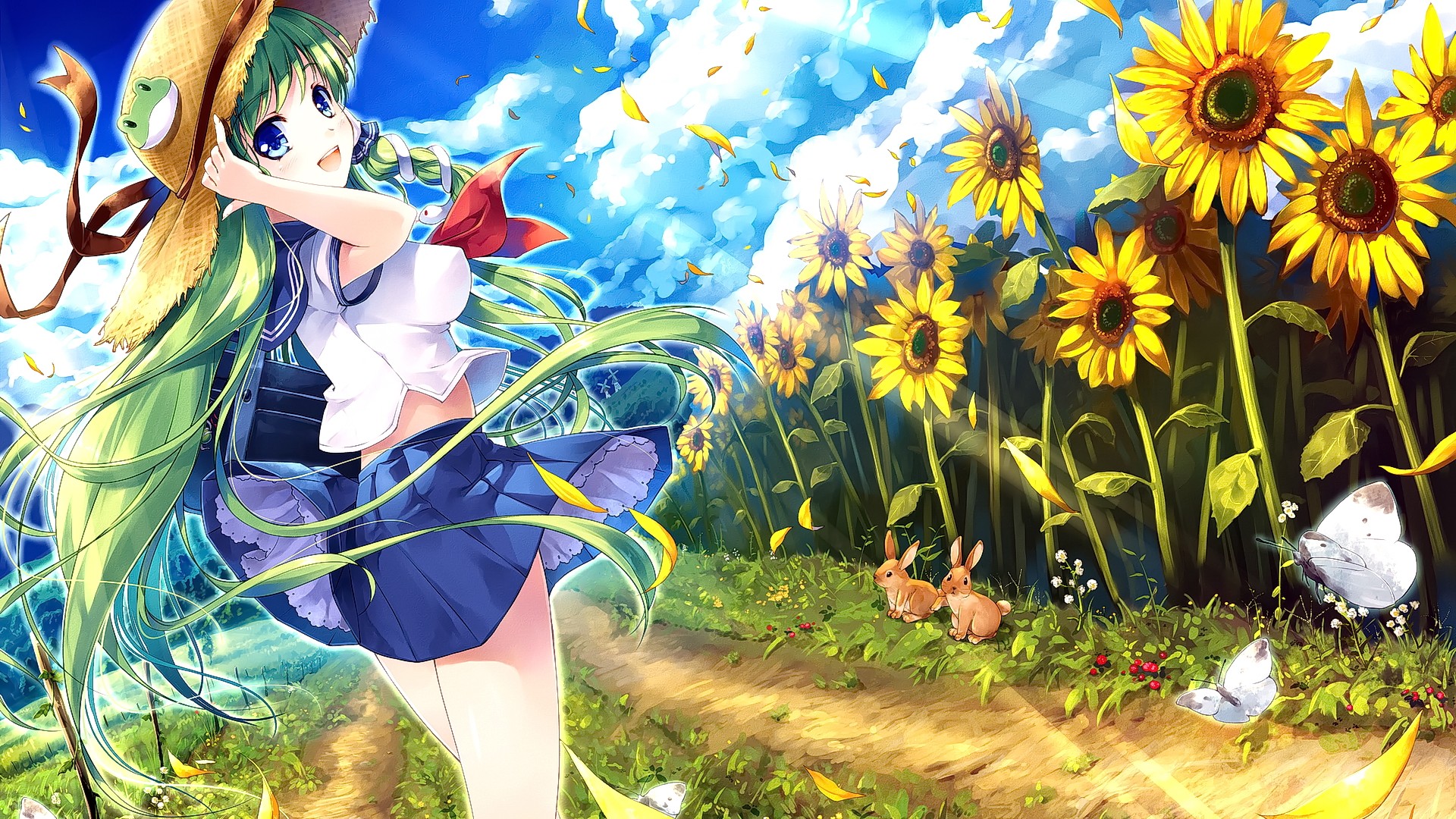 Anime 1920x1080 anime anime girls open mouth green hair hat blue eyes smiling sunflowers butterfly plants flowers yellow flowers women with hats women outdoors outdoors miniskirt long hair