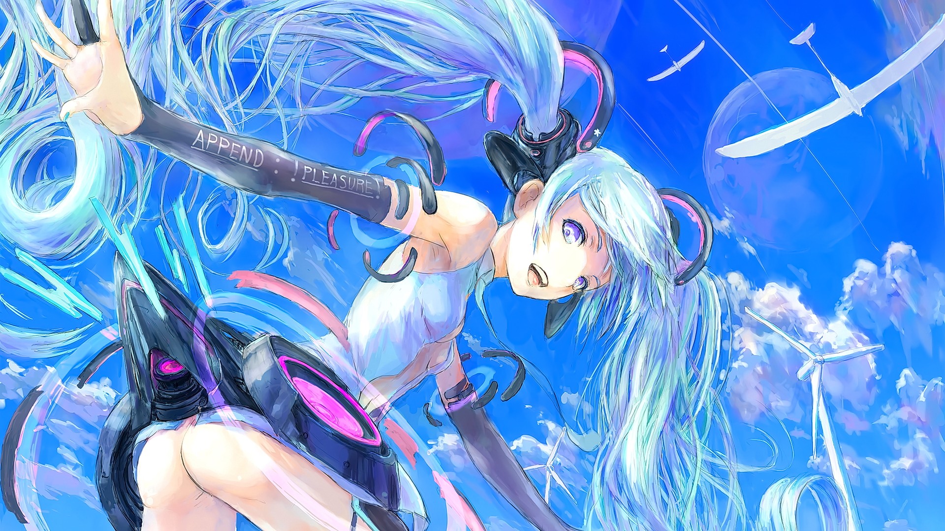 Anime 1920x1080 anime anime girls blue hair Hatsune Miku Append Vocaloid looking at viewer ass open mouth long hair purple eyes bright