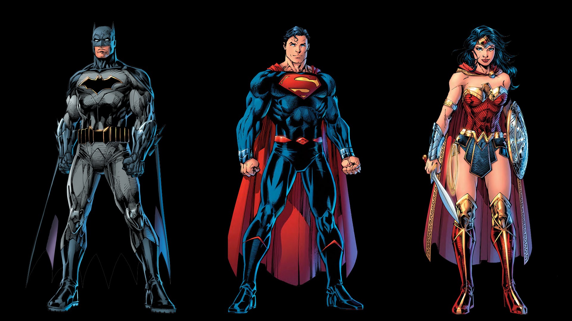 General 1920x1080 Superman Wonder Woman Batman DC Comics Rebirth black background superhero superheroines Justice League comic art muscles women with swords shield