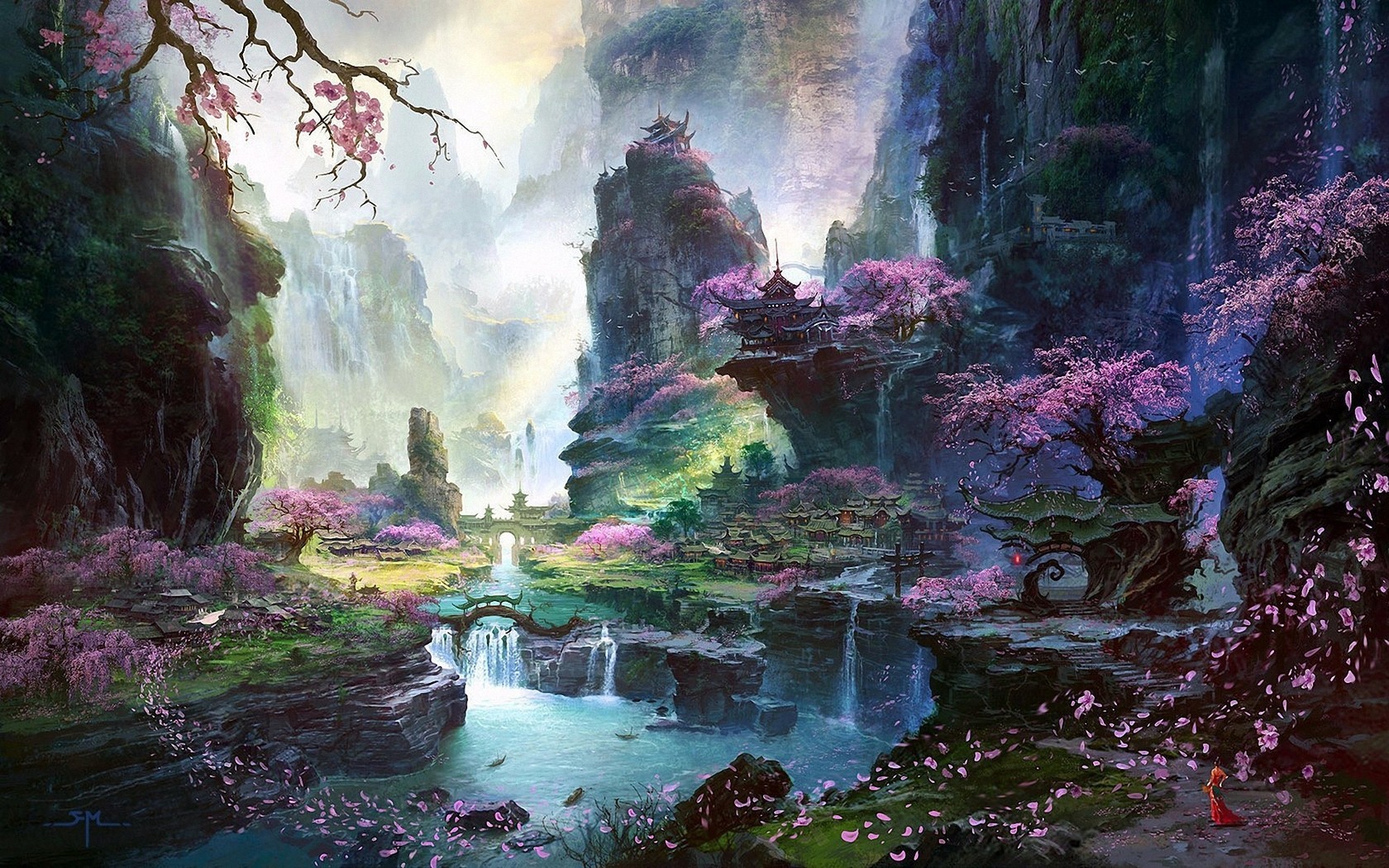 General 1680x1050 fantasy art cherry blossom artwork mountains rocks plants nature landscape