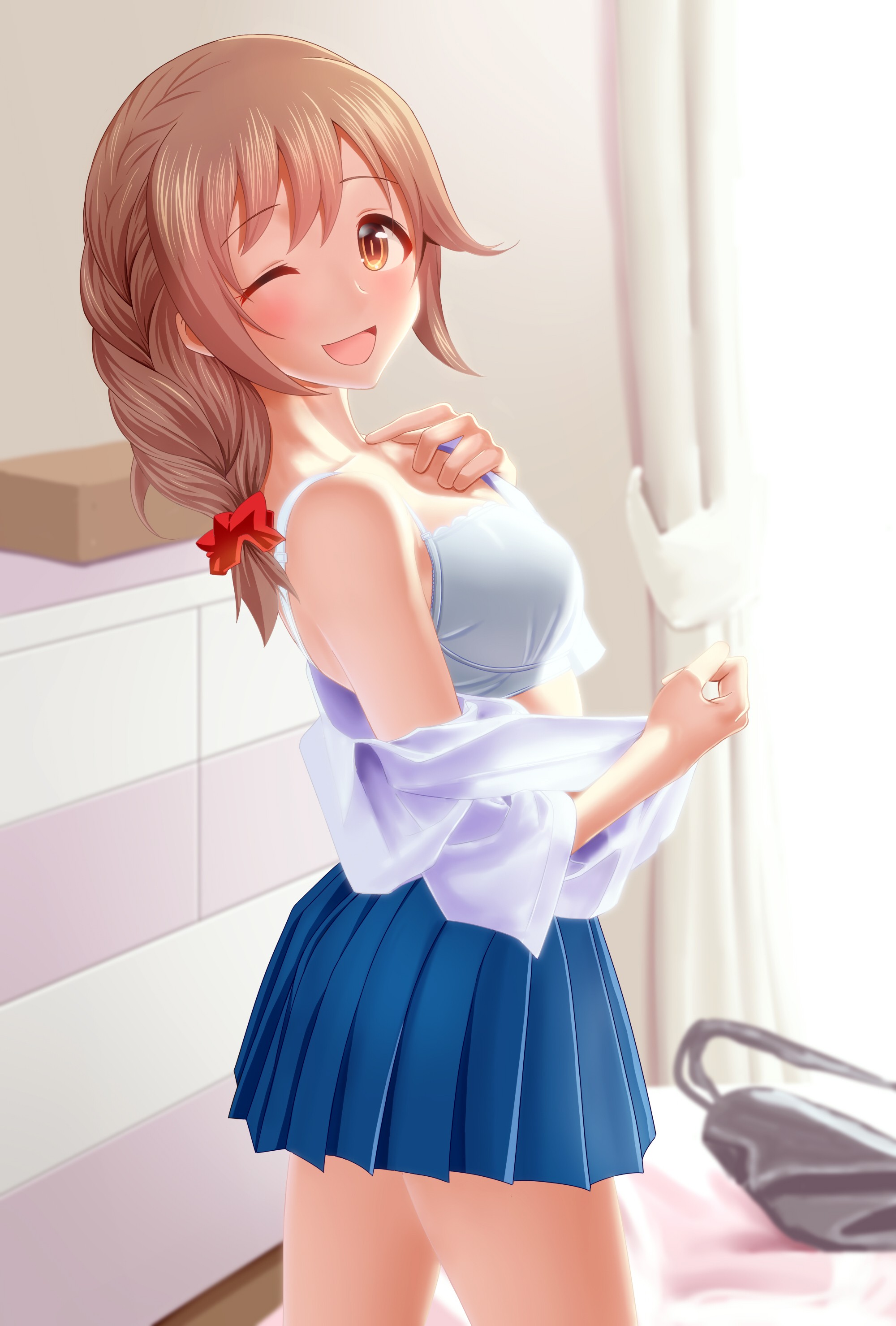 Anime 2000x2958 anime anime girls THE iDOLM@STER THE iDOLM@STER: Cinderella Girls Senkawa Chihiro bra cleavage open shirt undressing Pixiv skirt one eye closed open mouth women indoors looking at viewer