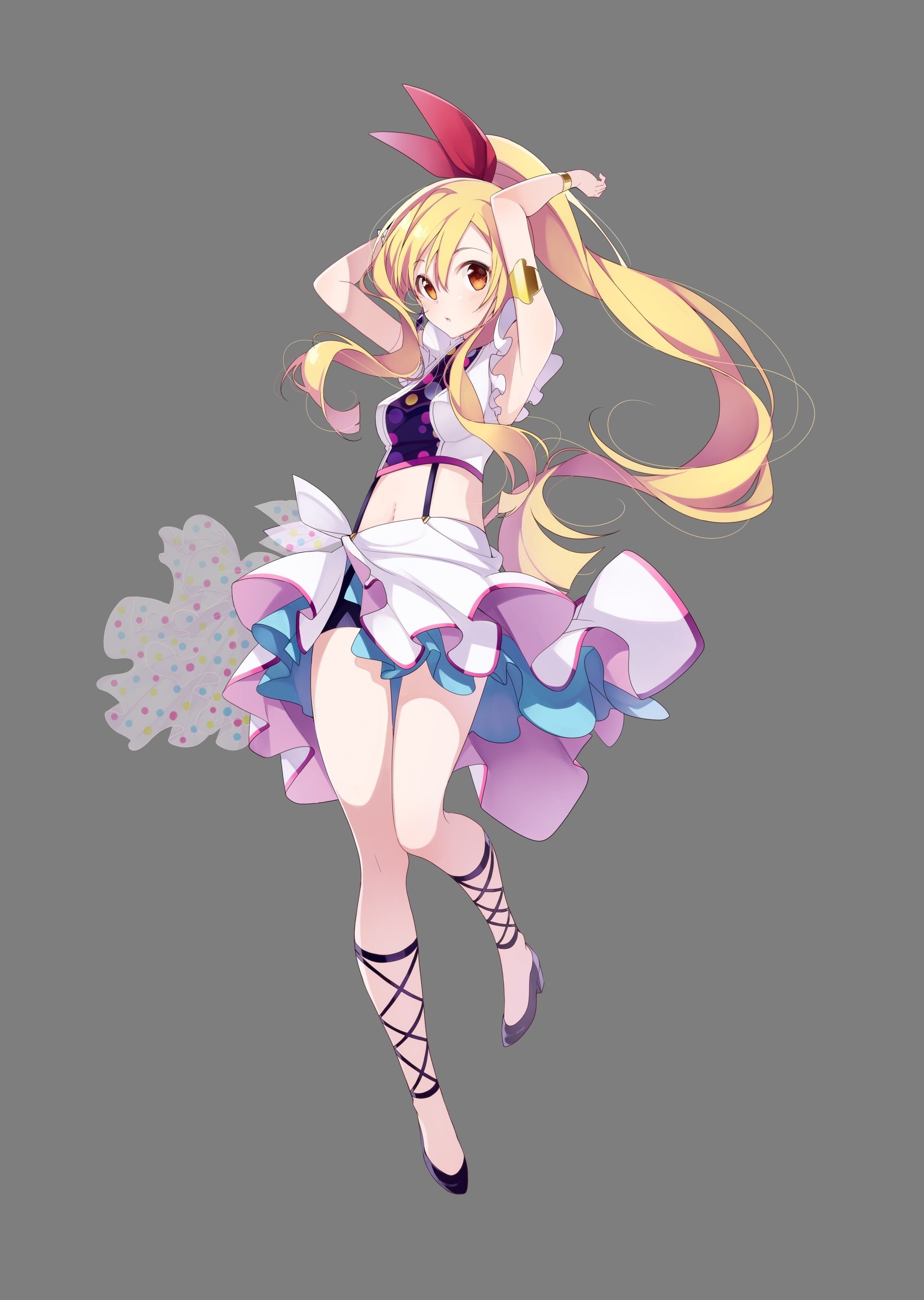 Anime 2489x3500 anime anime girls long hair heels gray background Nisekoi Kirisaki Chitoge simple background legs thighs together arms up women looking at viewer