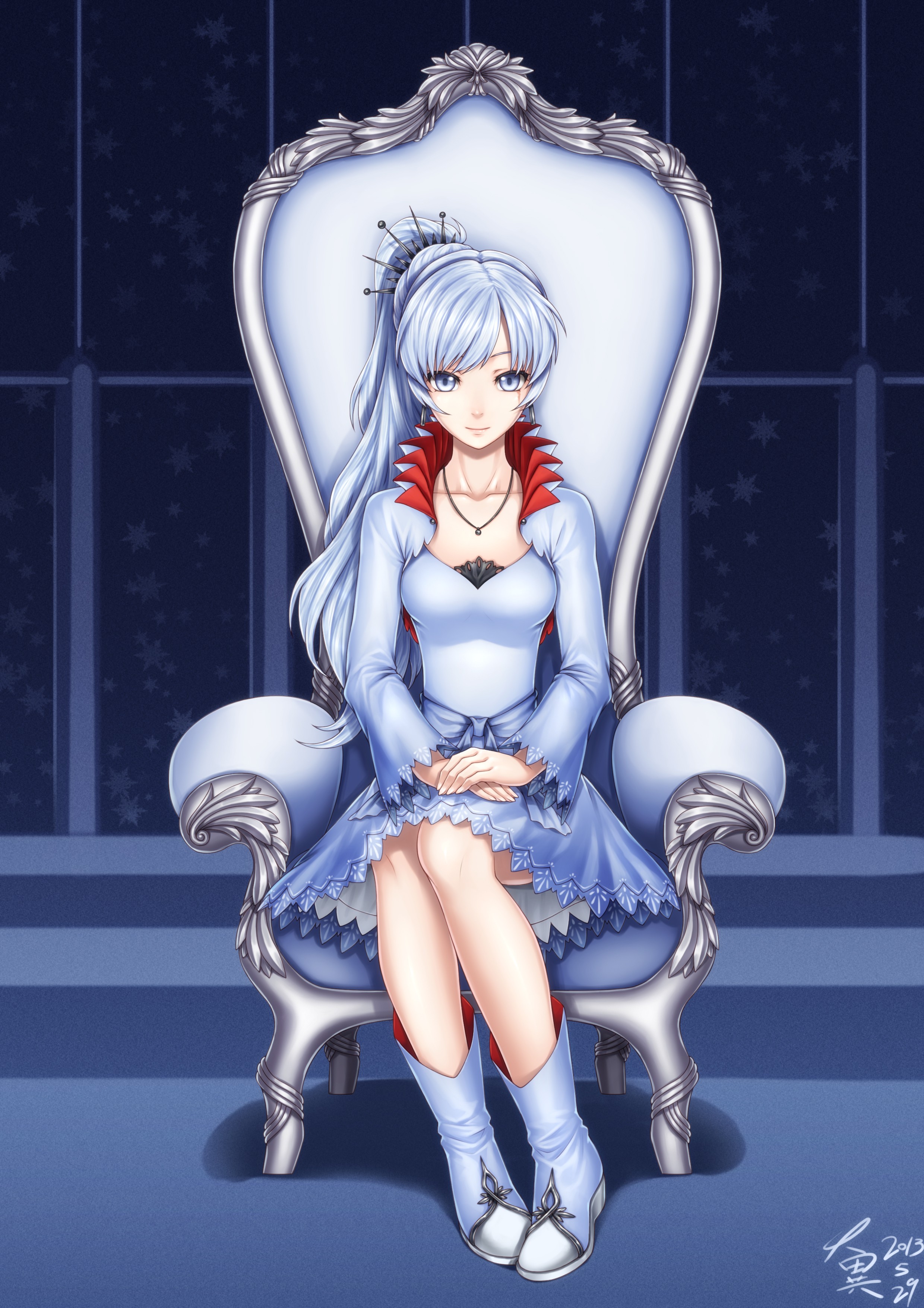 Anime 2480x3508 anime anime girls long hair blue hair blue eyes Weiss Schnee RWBY Pixiv thighs together watermarked sitting dress