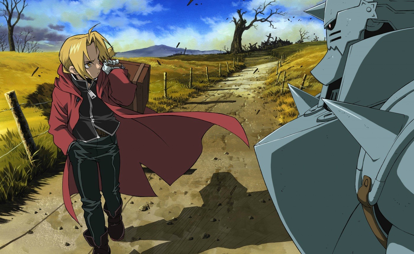 Anime 1400x862 Full Metal Alchemist Brotherhood anime landscape blonde suitcase path field anime boys