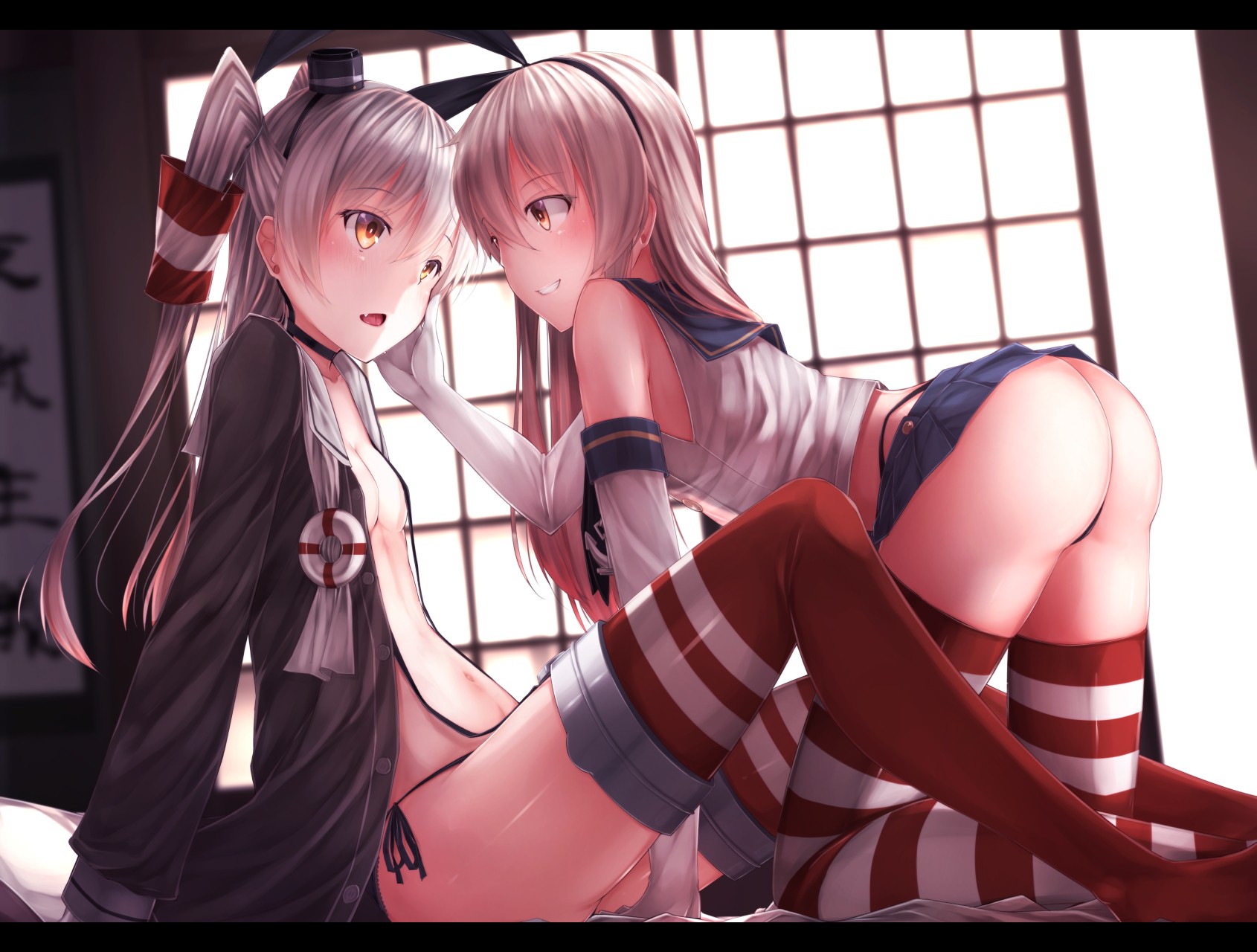 Anime 1690x1280 anime anime girls Kantai Collection ass long hair gray hair orange eyes legs two women lesbians rear view boobs small boobs yellow eyes bunny ears striped stockings stockings belly sitting bent over women indoors
