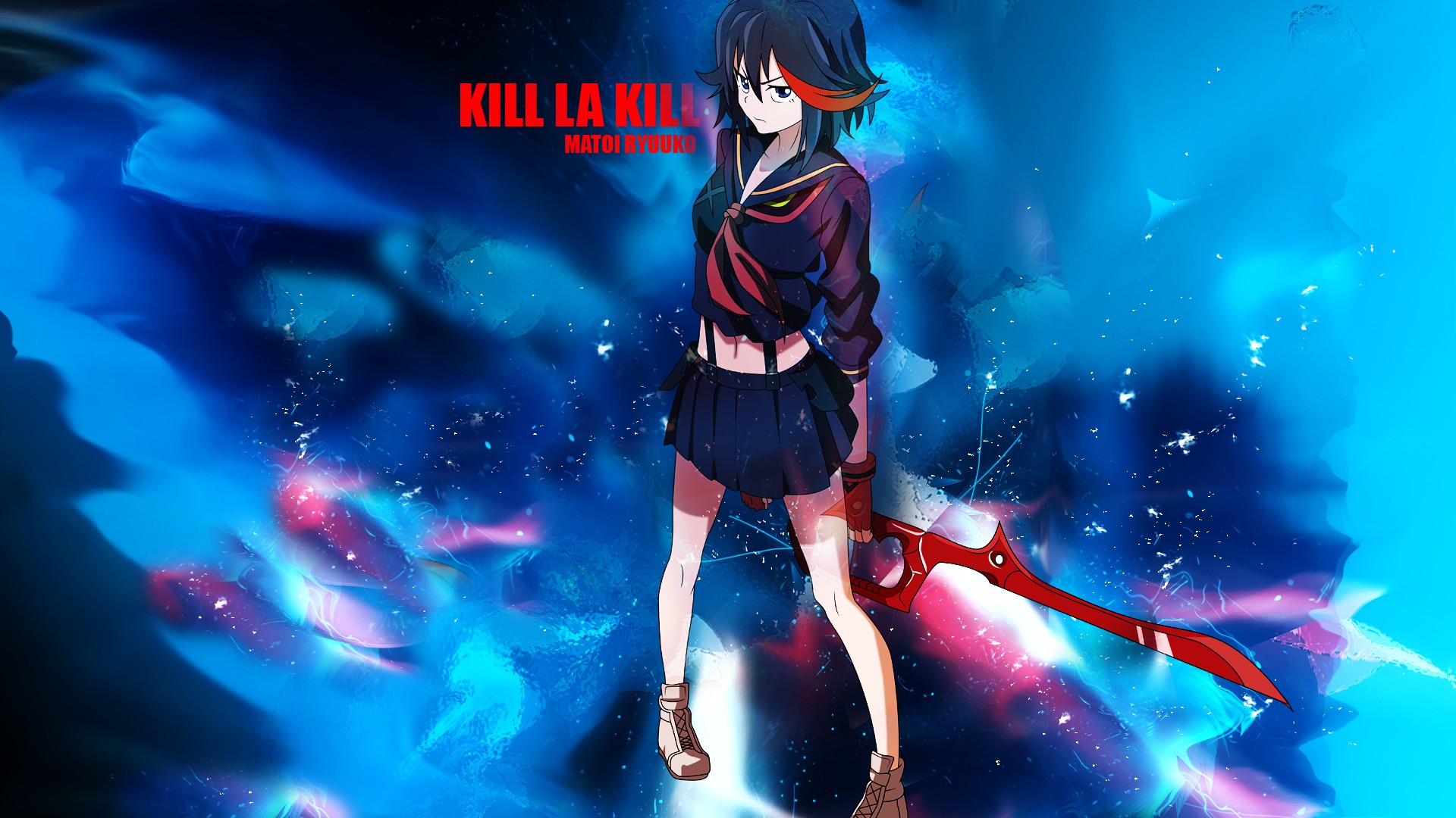 Anime 1920x1080 Kill la Kill Matoi Ryuuko anime girls miniskirt anime cyan blue women with swords girls with guns skirt dark hair weapon bare midriff