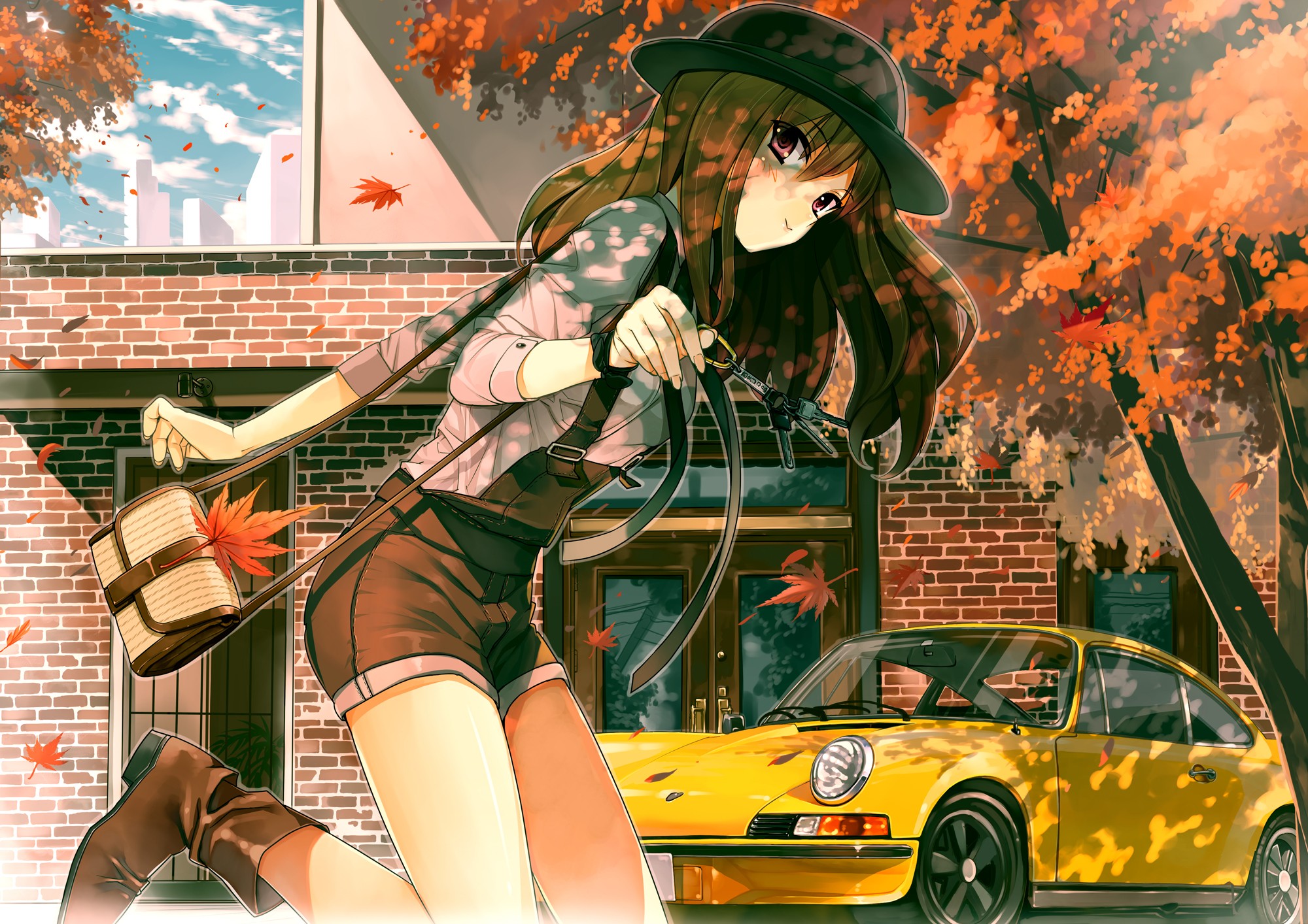Anime 2000x1414 anime anime girls Porsche Porsche 911 hat long hair purple eyes car yellow cars Pixiv women with hats keys vehicle brunette women with cars