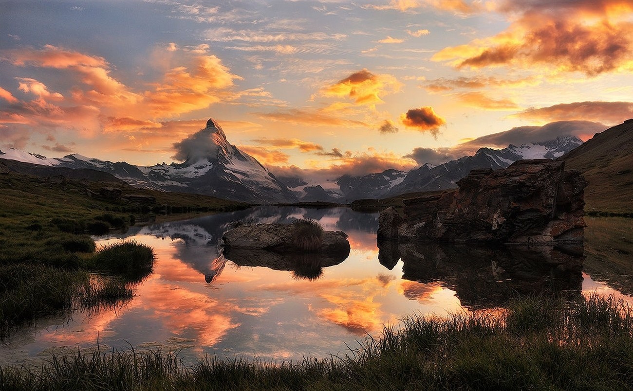 General 1300x804 landscape photography nature lake sunset mountains sky clouds snowy peak rocks grass reflection Swiss Alps