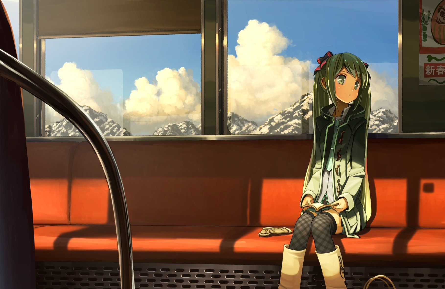 Anime 1819x1181 Vocaloid anime girls anime train green hair vehicle sitting sky clouds thighs together stockings looking away books long hair