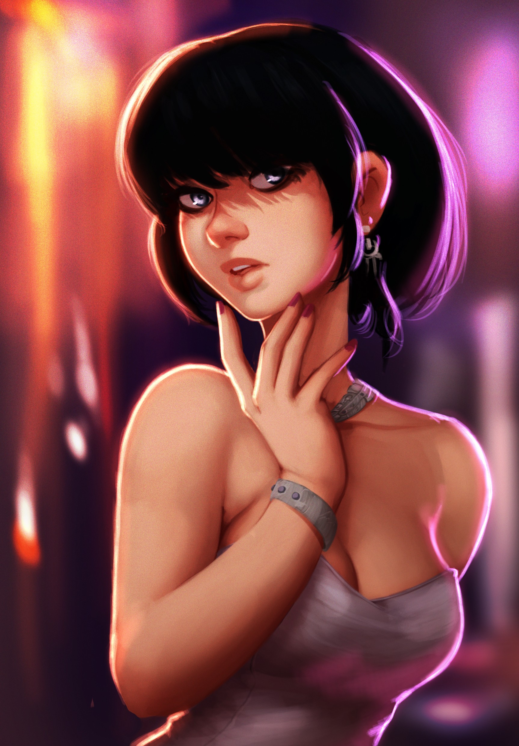 Anime 1726x2483 anime anime girls black hair DeviantArt painted nails shoulder length hair looking at viewer