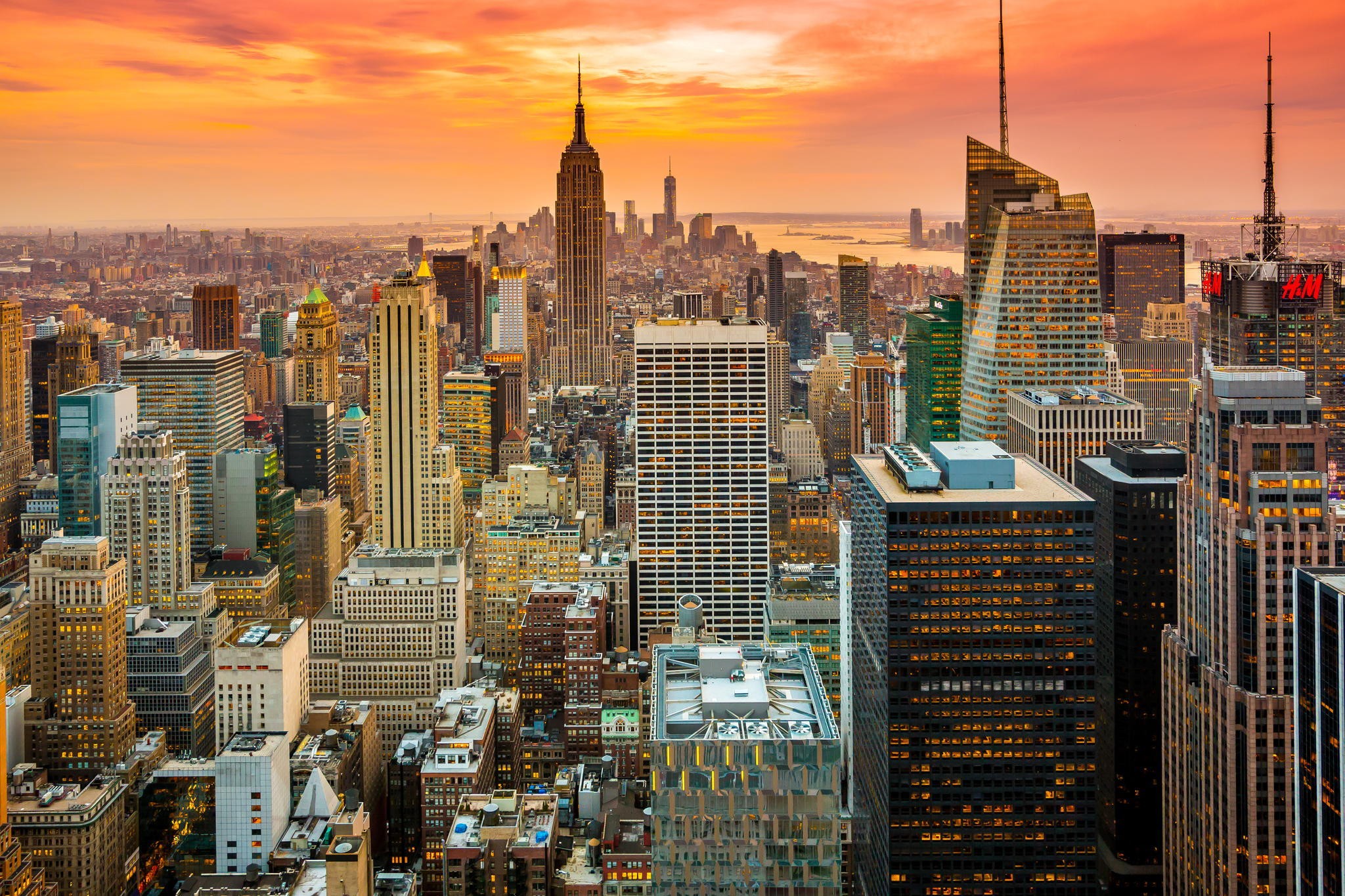 General 2048x1365 city New York City Manhattan Empire State Building One World Trade Center USA cityscape orange sky