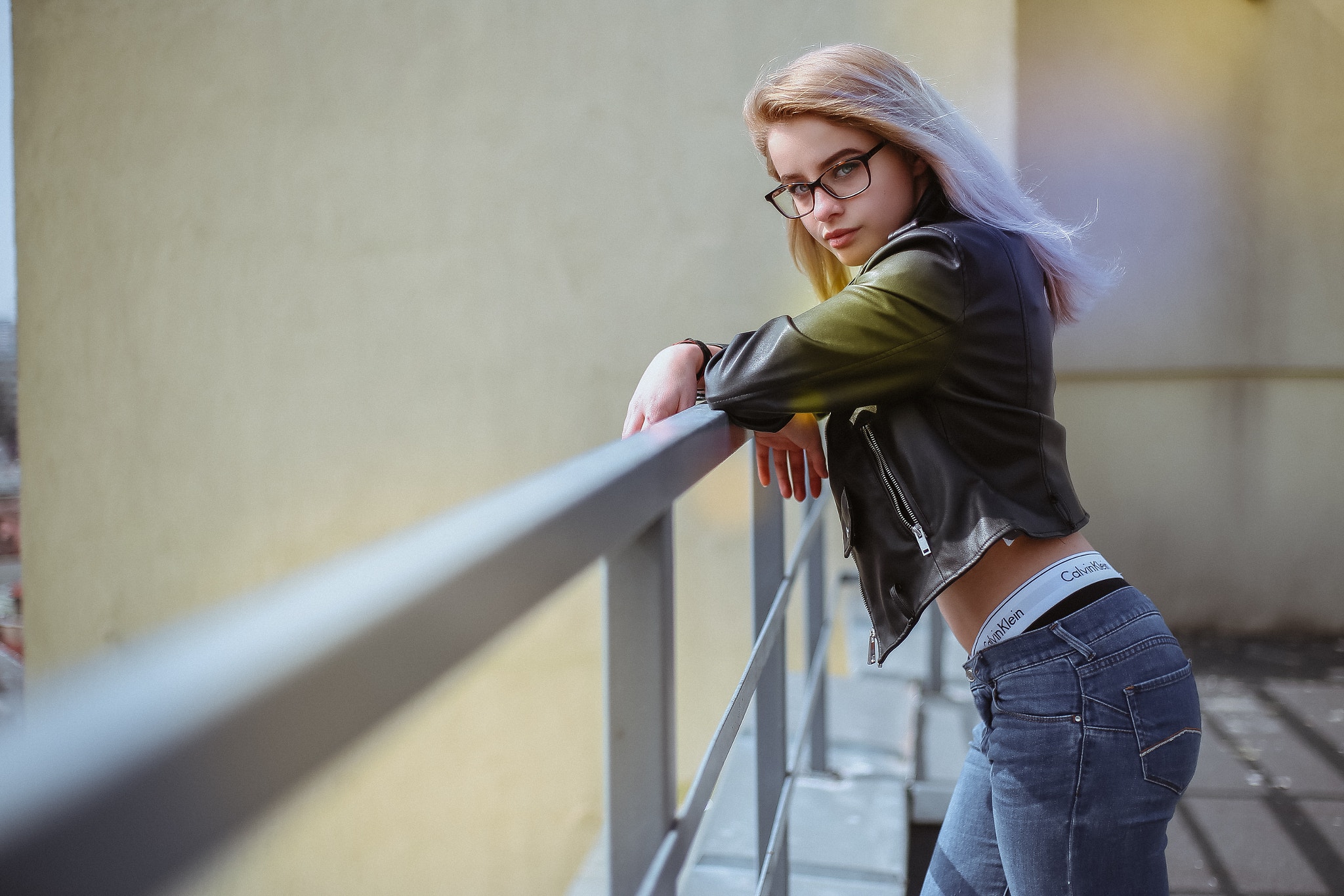 People 2048x1366 women blonde face leather jacket glasses balcony jeans panties Calvin Klein women with glasses