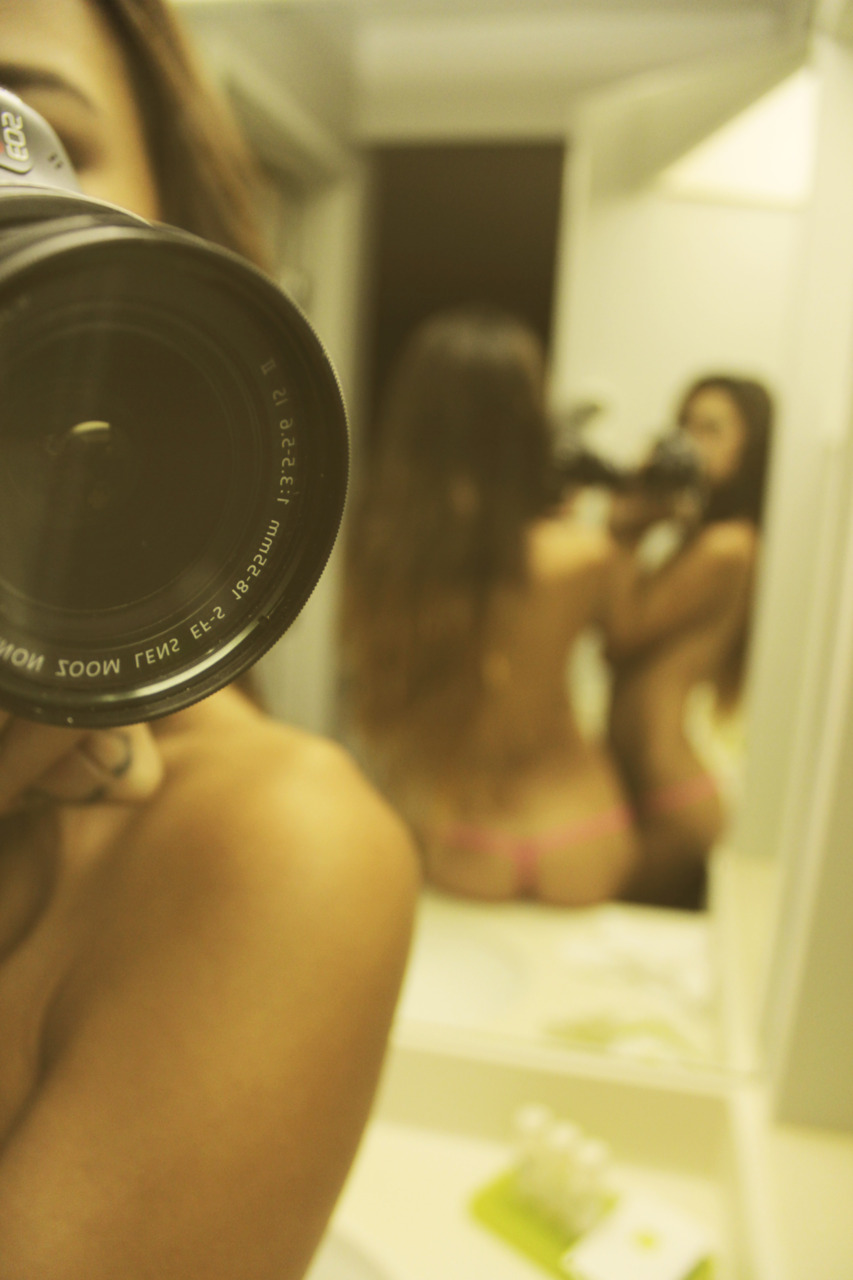 People 853x1280 women brunette long hair portrait display topless mirror camera lens bathroom blurred depth of field panties thong Canon selfies