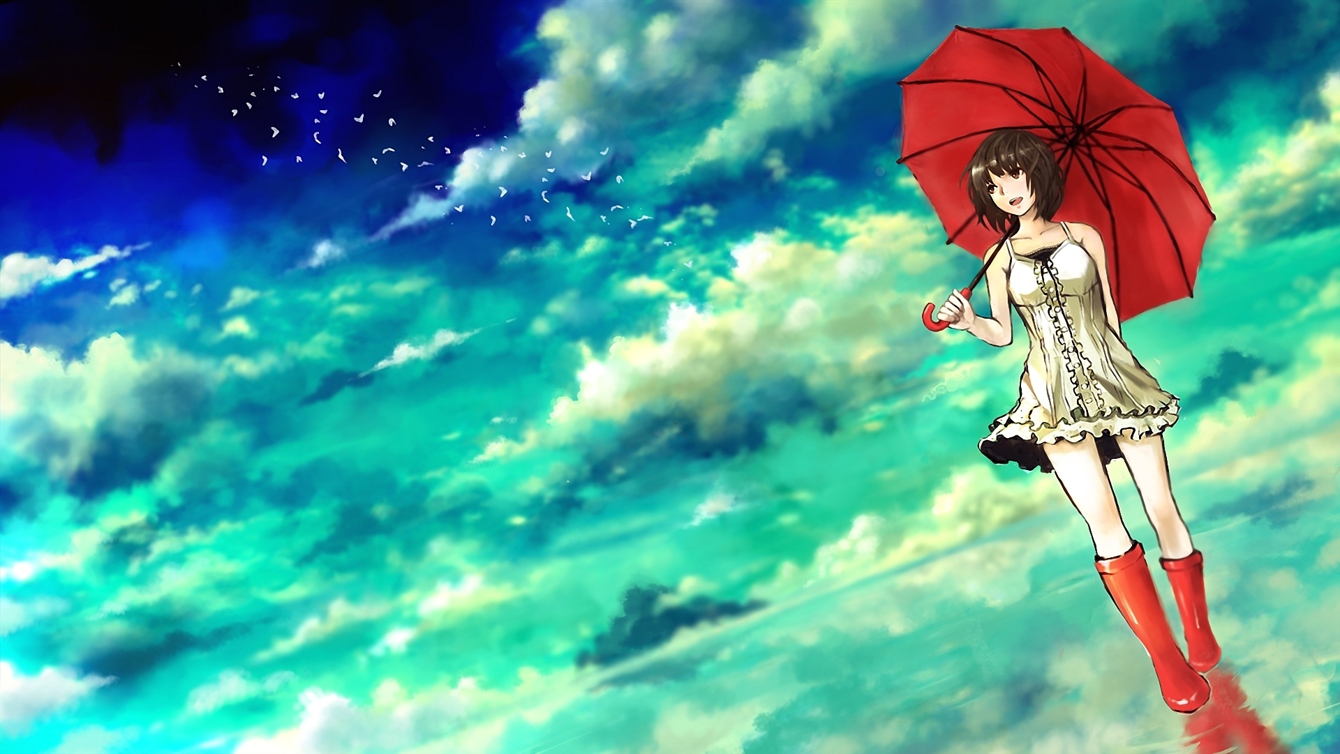 Anime 1920x1081 anime anime girls brunette brown eyes umbrella sky clouds smiling turquoise
