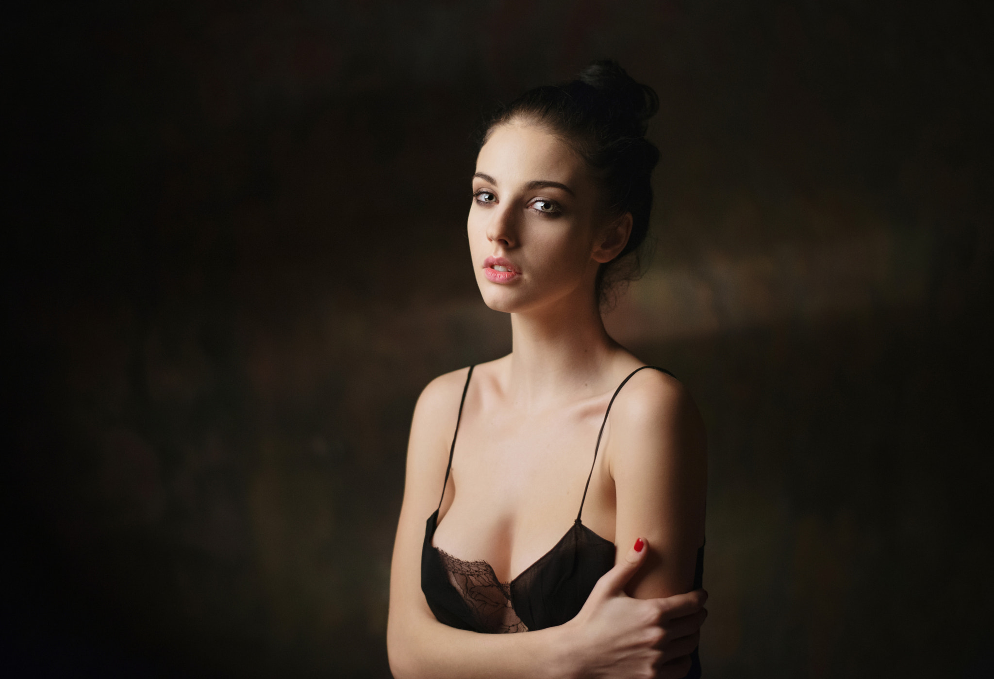 People 2048x1400 women Alla Berger portrait Maxim Maximov red nails black lingerie cleavage no bra face
