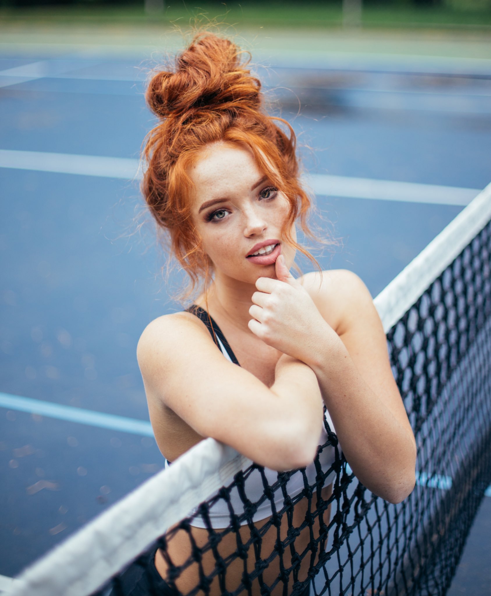 People 1687x2048 women model redhead long hair Riley Rasmussen freckles face looking at viewer portrait portrait display open mouth tennis court finger on lips nets women outdoors hairbun bare shoulders high angle parted lips