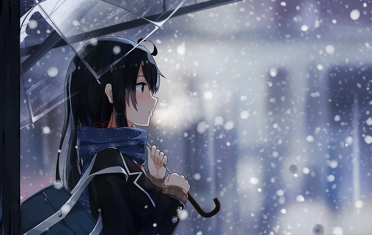 Anime 1257x793 anime girls umbrella snow winter face profile dark hair Yahari Ore no Seishun Love Comedy wa Machigatteiru Yukinoshita Yukino women with umbrella snowflakes levi9452