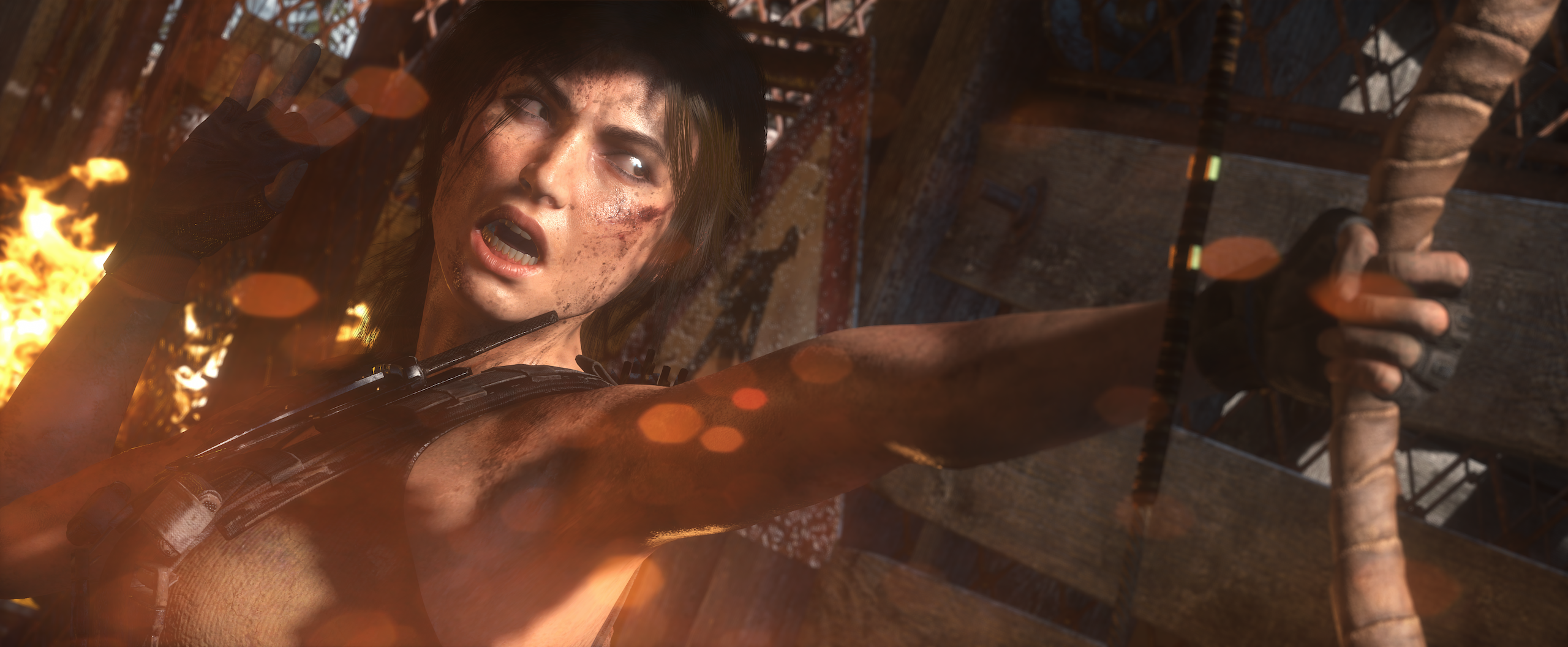 General 2560x1057 Tomb Raider Rise of the Tomb Raider Lara Croft (Tomb Raider) video game girls fire open mouth screen shot PC gaming video games
