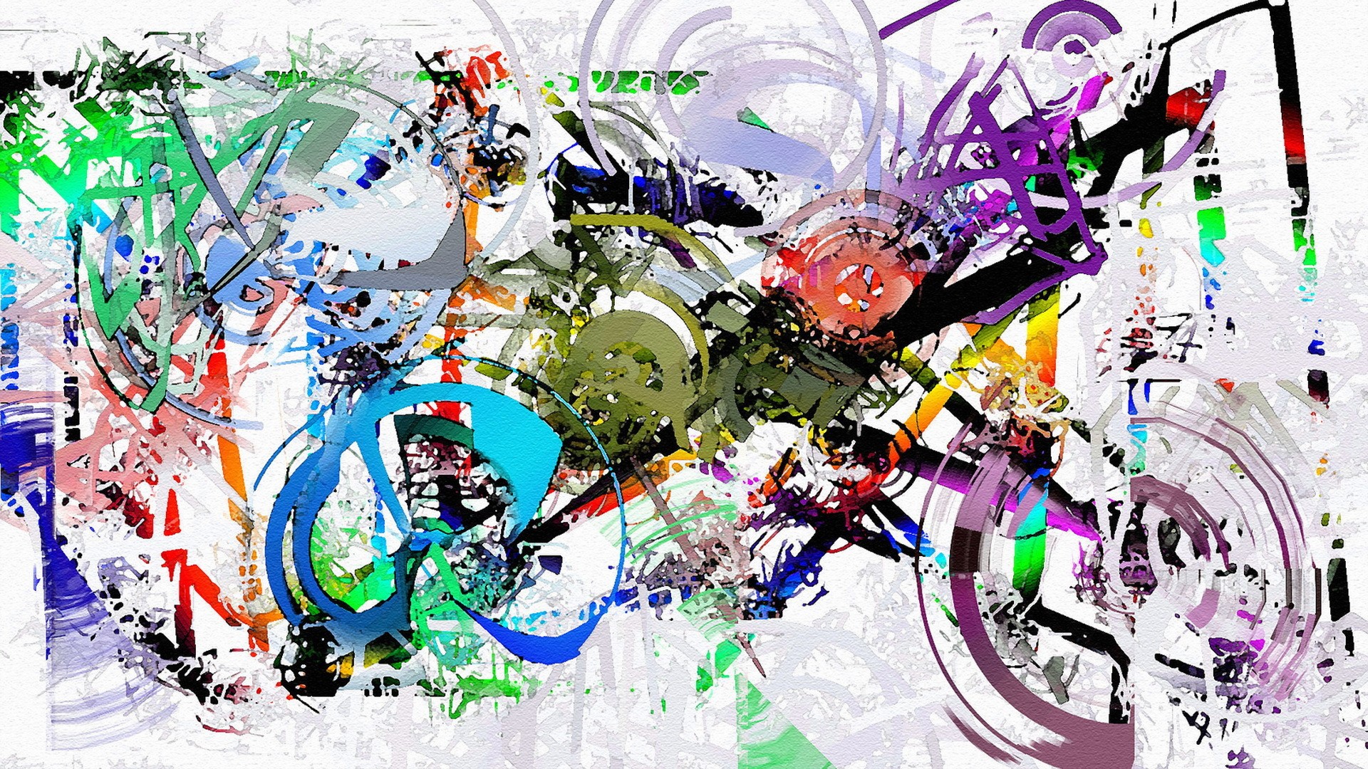 General 1920x1080 painting artwork abstract paint splatter colorful motorcycle circle lines white background digital art