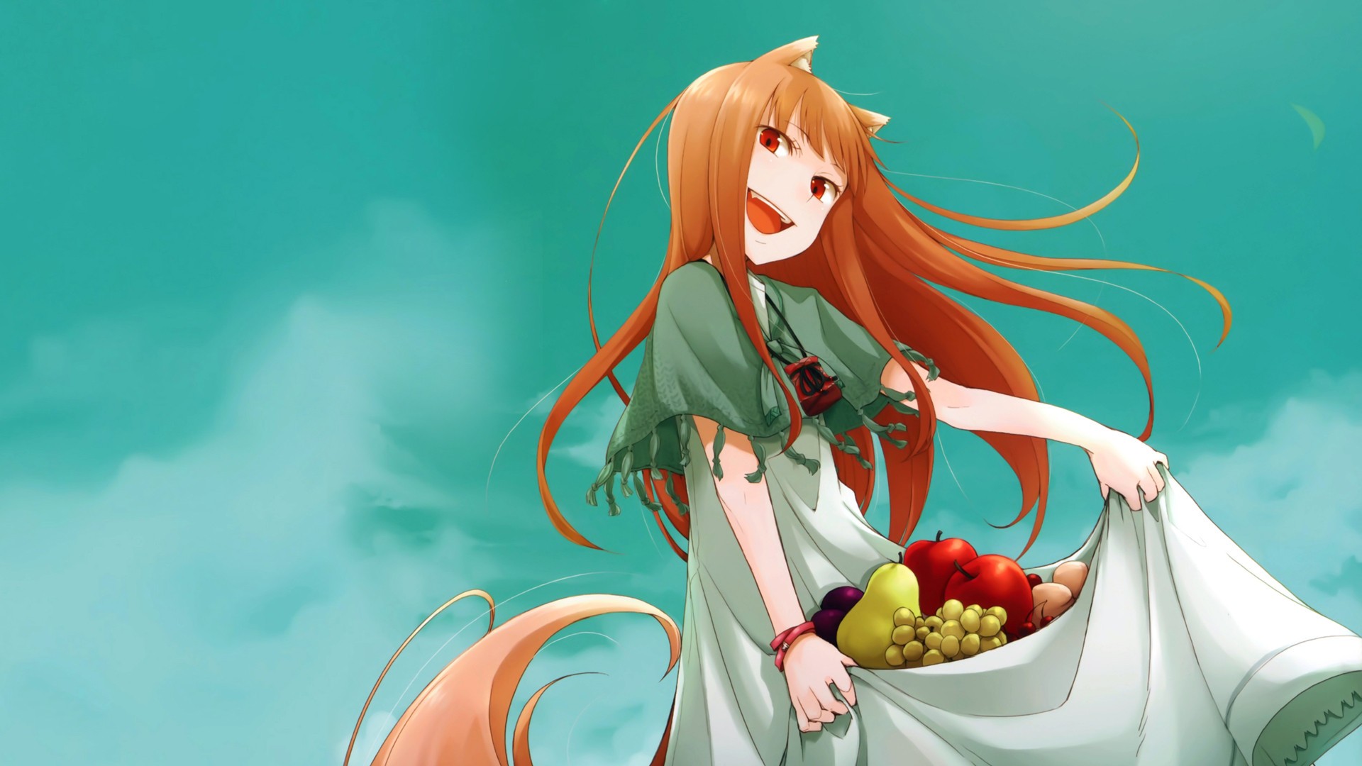 Anime 1920x1080 anime anime girls Spice and Wolf Holo (Spice and Wolf) wolf girls food fruit apples berries cyan background long hair red eyes open mouth