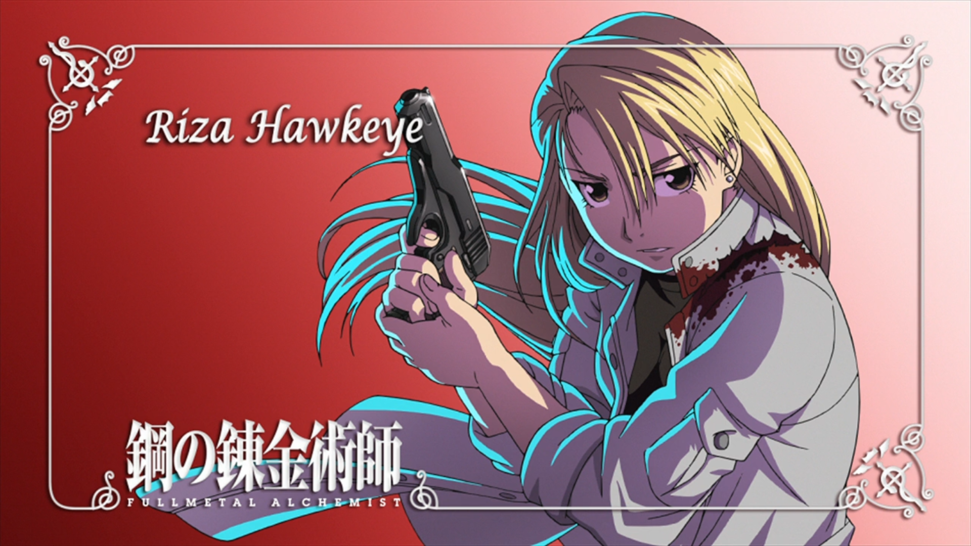 Anime 1920x1080 Fullmetal Alchemist: Brotherhood Riza Hawkeye anime girls gun blonde anime girls with guns red background blood weapon long hair