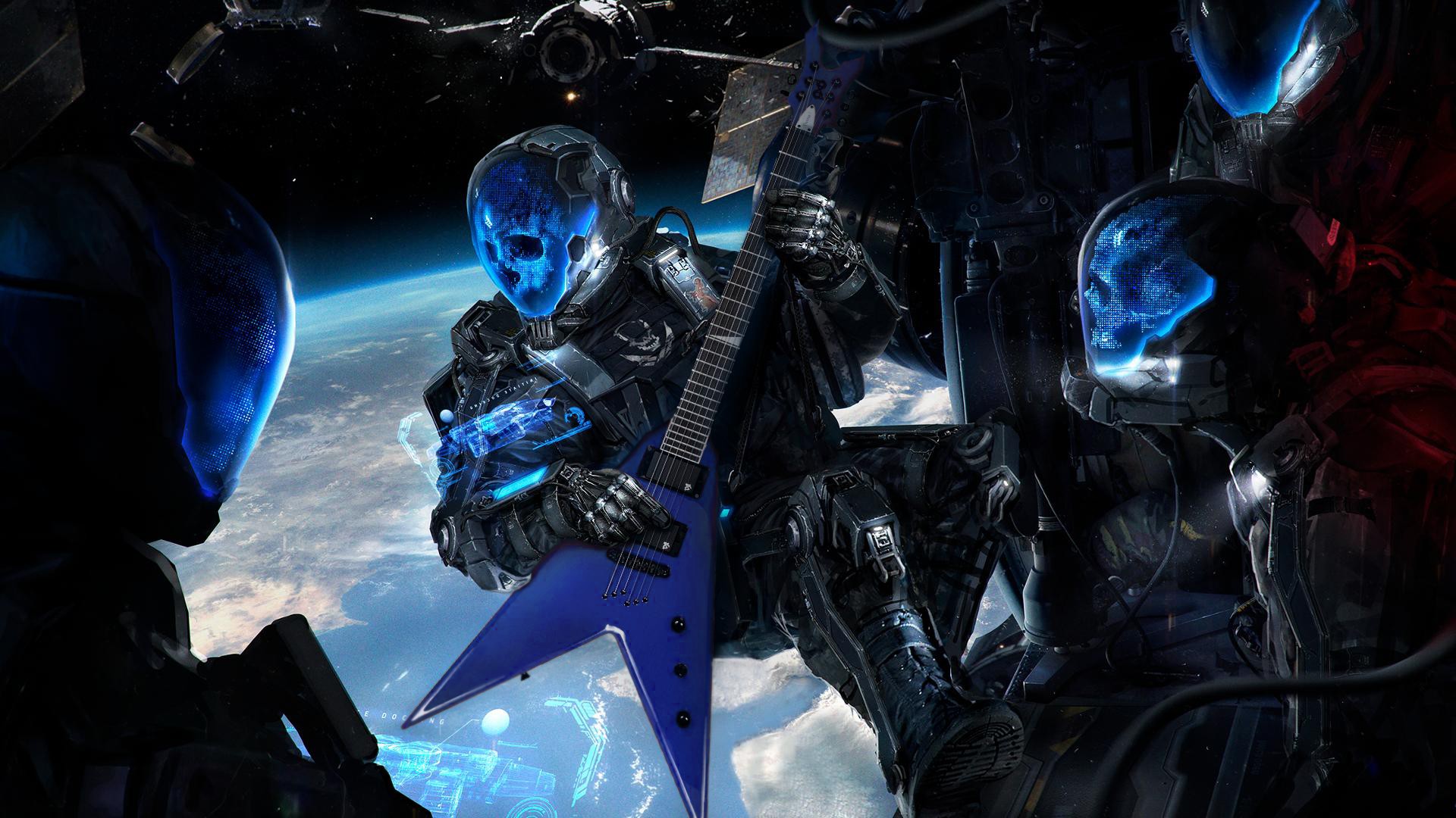 General 1920x1080 guitar space science fiction artwork blue musical instrument skull digital art