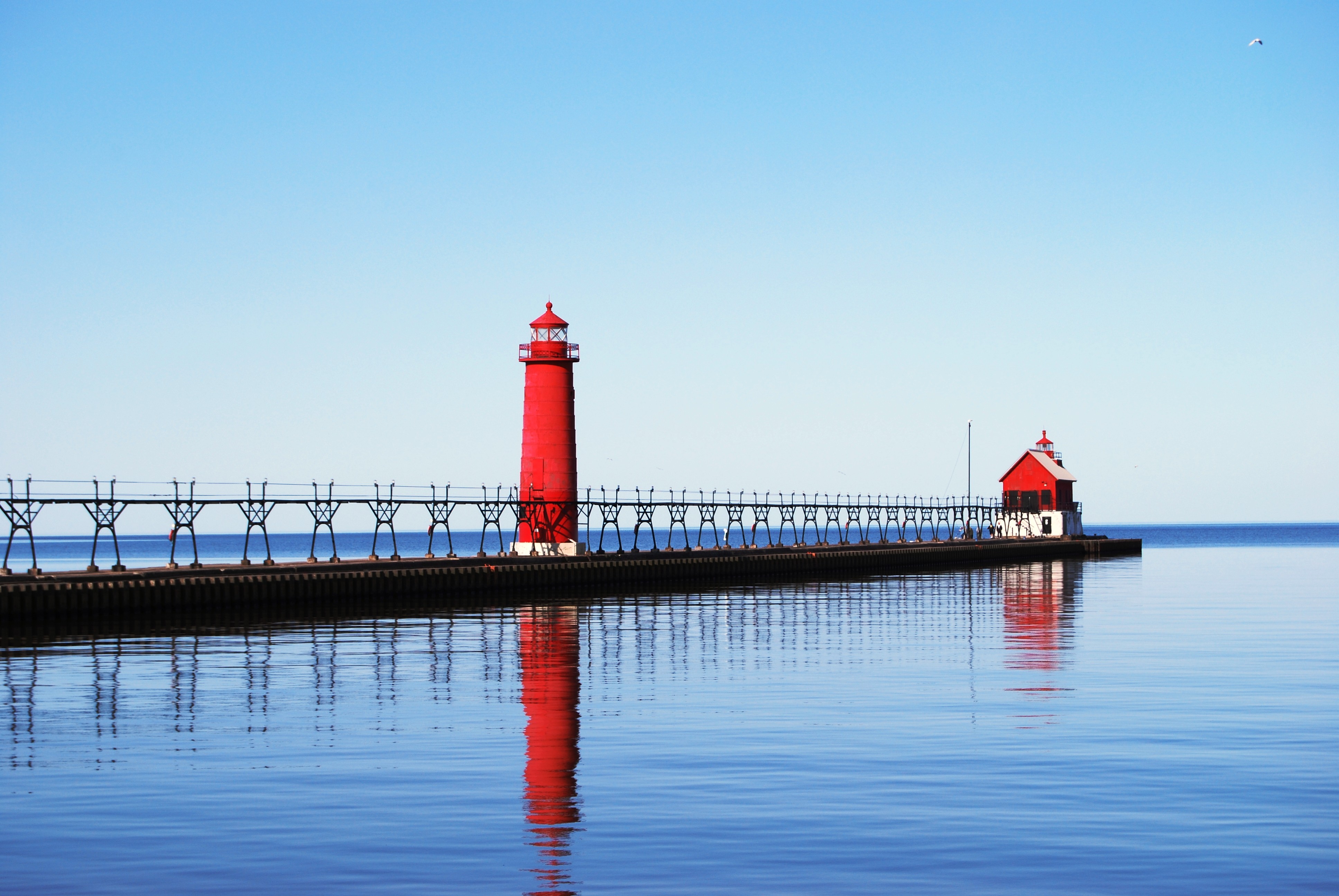 General 3872x2592 sea lighthouse pier Lake Michigan USA